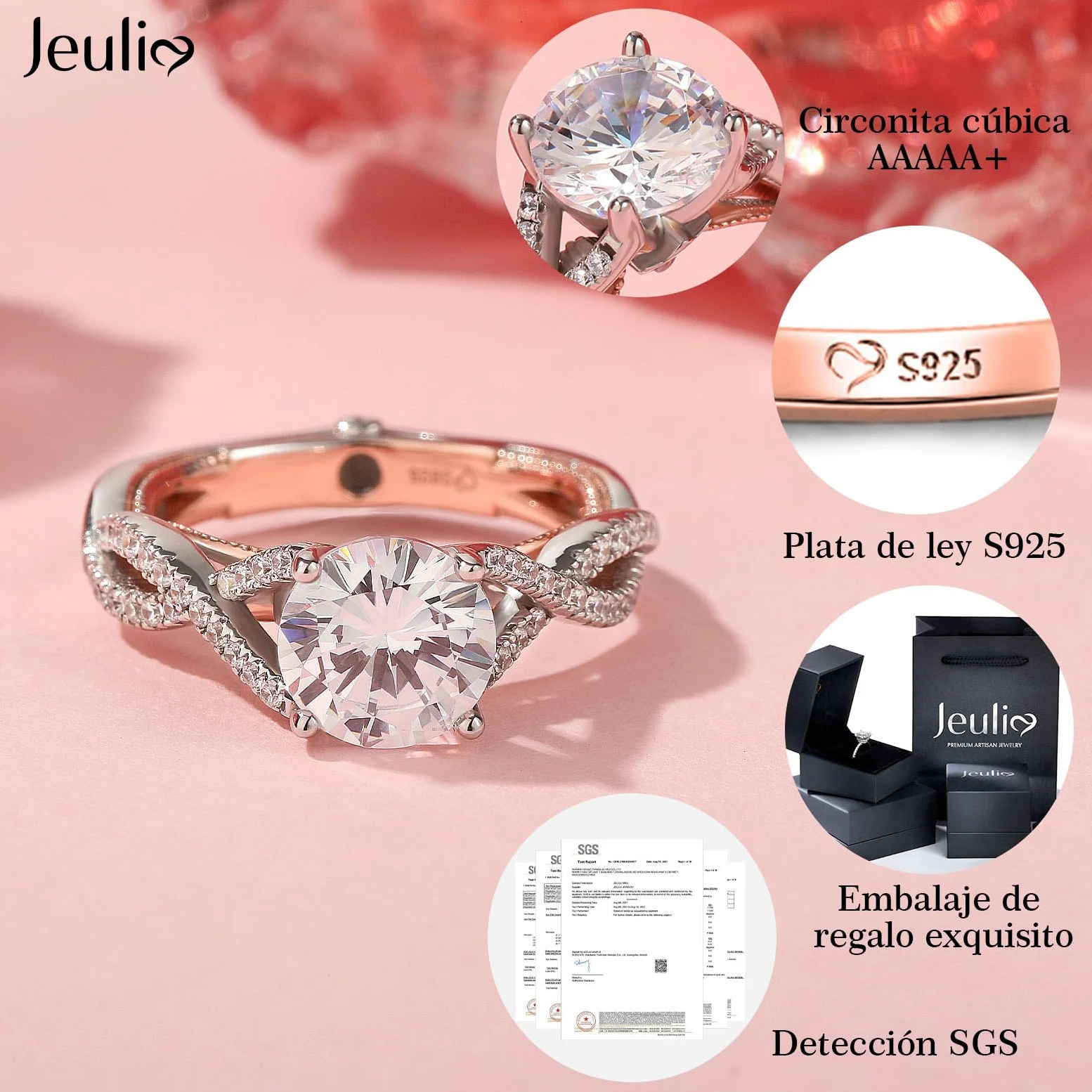Jeulia Anillos de dos tonos de plata esterlina para mujer: Anillo de filas de torsión de eternidad de corte redondo Anillo de compromiso de promesa Anillo de compromiso de joyería de circonio cúbico