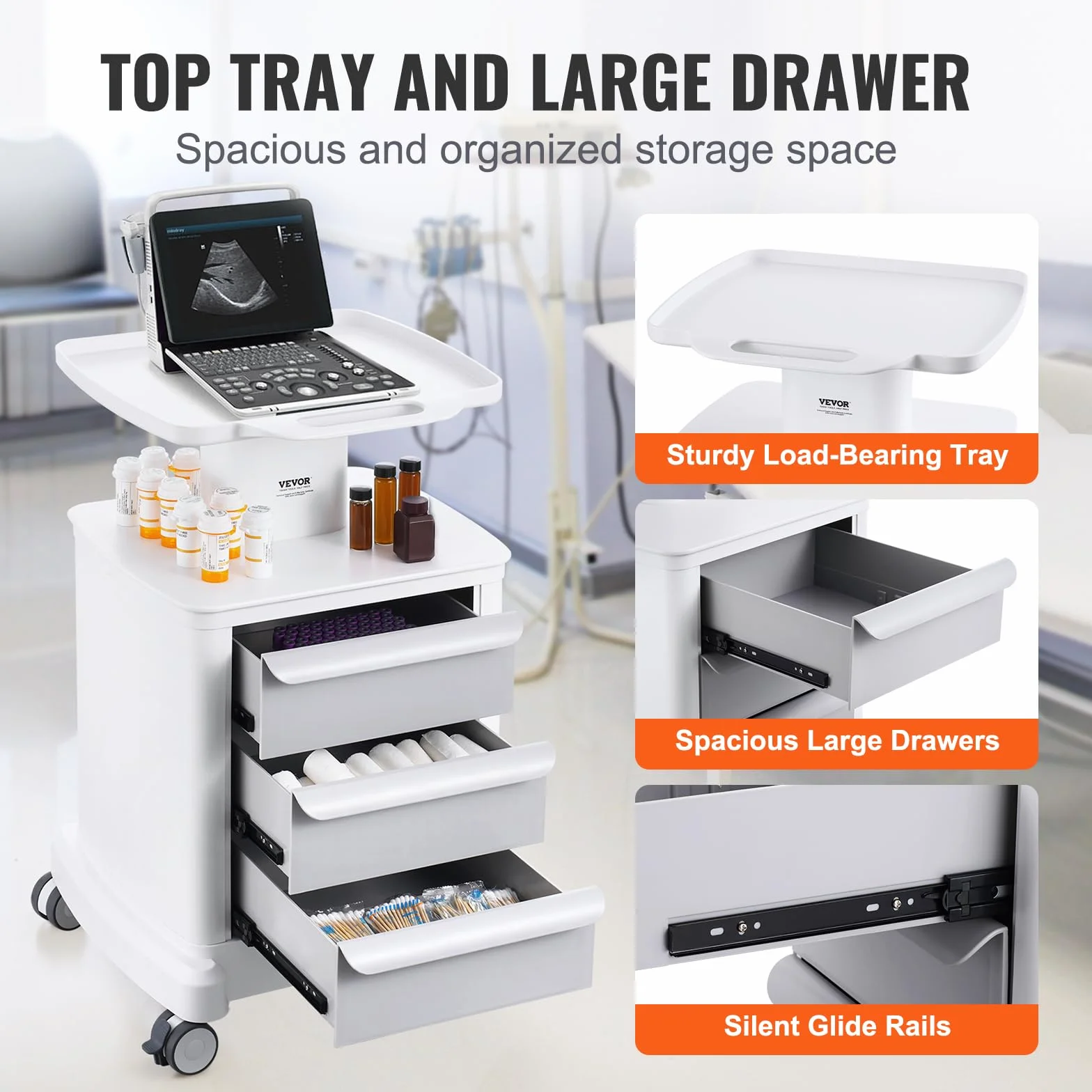 VEVOR Carro Médico 4 Niveles con 3 Cajones, Bandeja Superior, Ruedas Silenciosas, ABS, Blanco