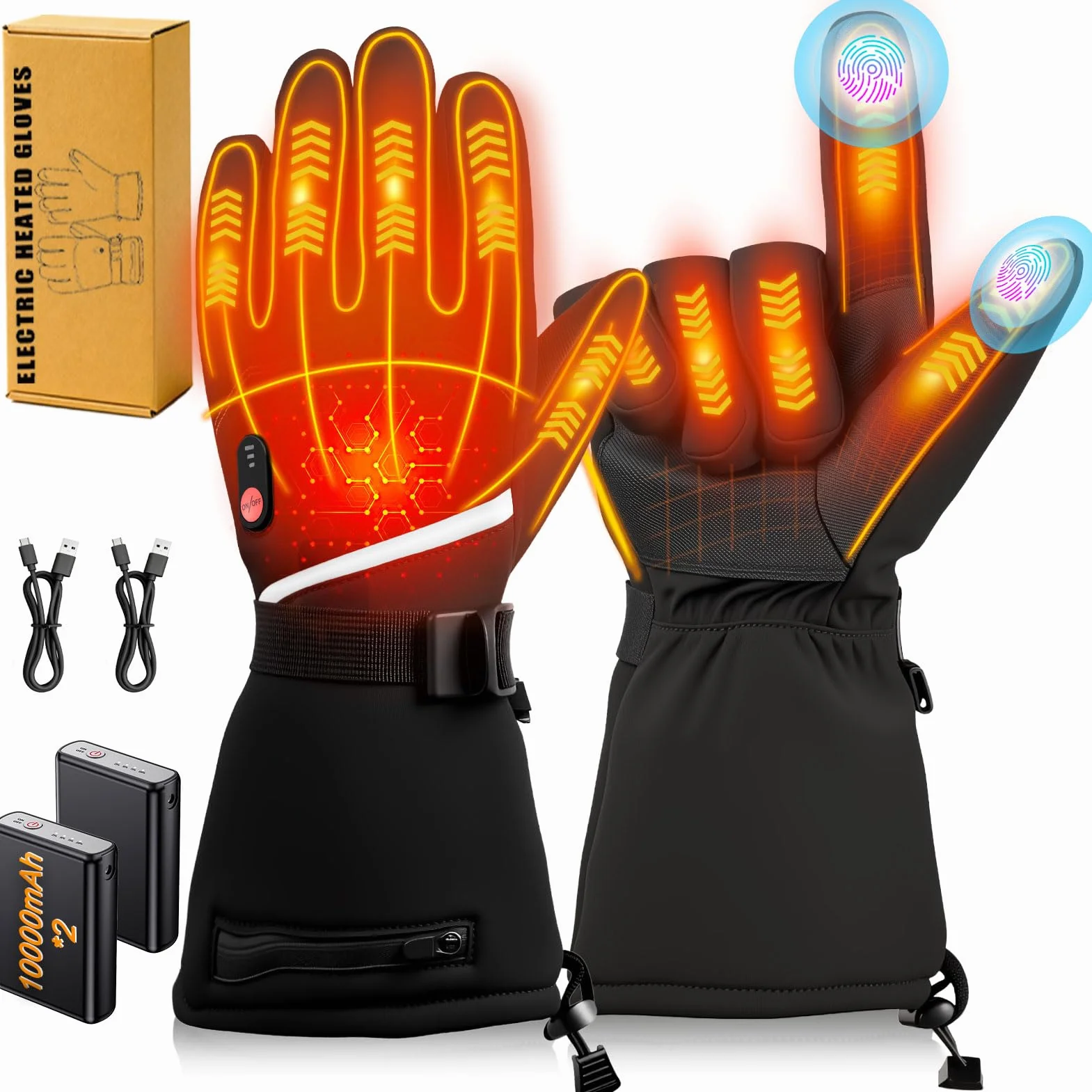 20000mAh Guantes Calefactables para Hombre y Mujere, 7.4V Rápido Calentamiento Guantes Calientes Recargables, 3 Temperaturas, Pantalla Táctil, Impermeable, Antideslizante, Adecuado para el Invierno