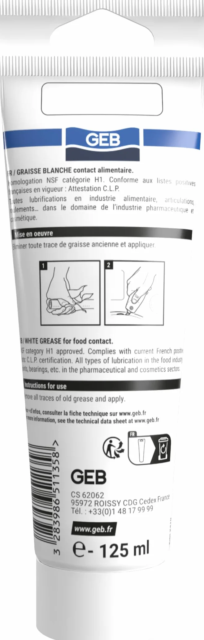 GEB Grasa blanca sin jabón para contacto con alimentos 125 ml lubricación articulaciones rodamientos