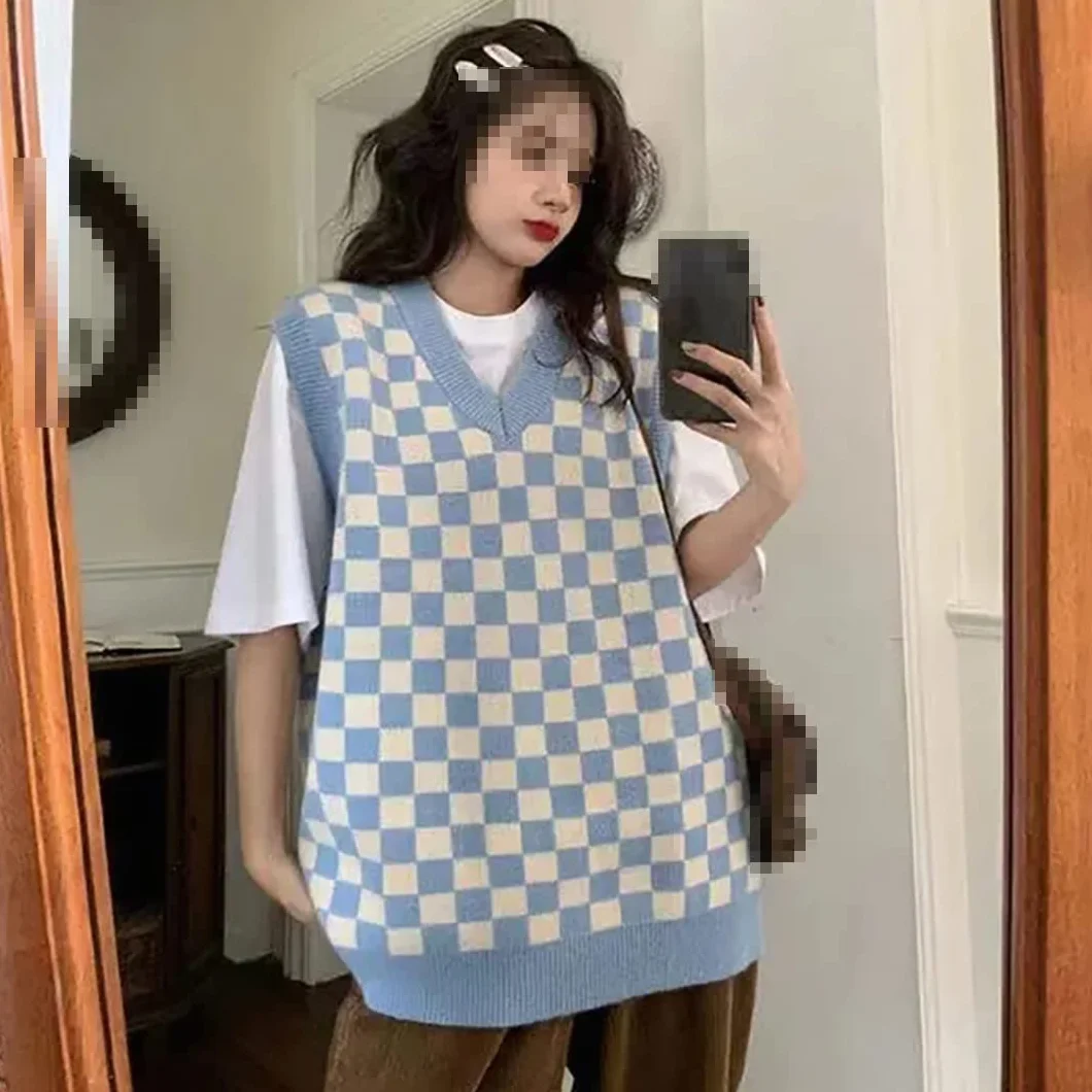 Suéteres Básicos Sin Mangas con Cuello En V Y Estampado A Cuadros De Talla Grande para Mujer