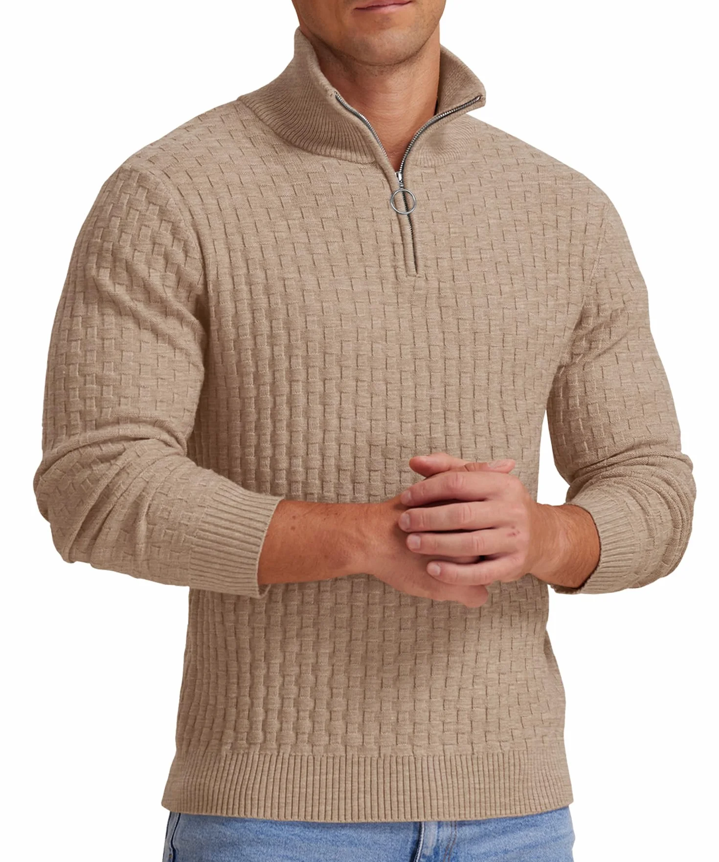 QIXING Jersey de punto para hombre, cuello medio, grueso, informal, con cremallera 1/4