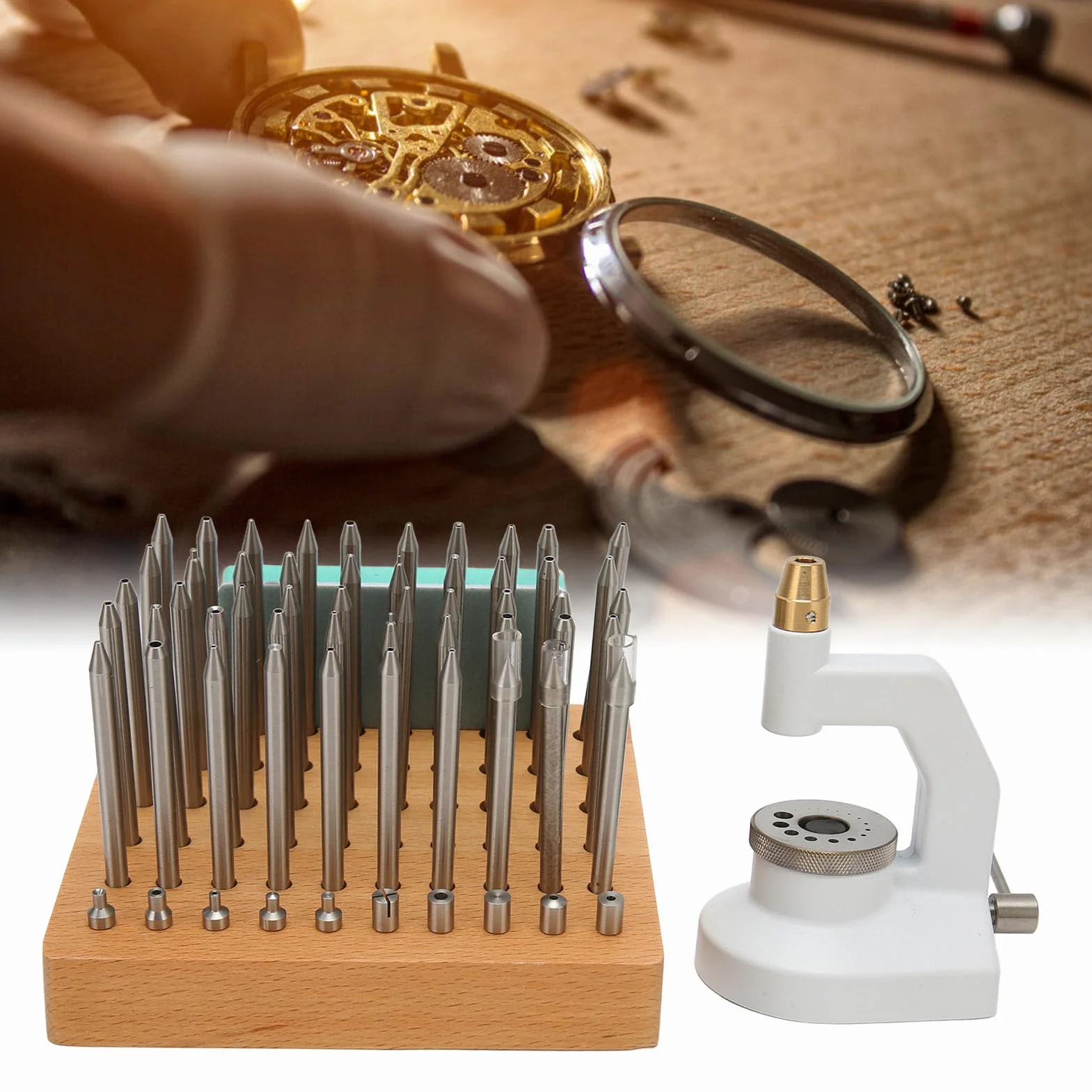 Juego de Herramientas de Estaca para Reparación de Relojes, Ligero, Resistente a la Corrosión para Reparaciones de Joyería de Relojero, con 50 Punzones y 10 Estacas