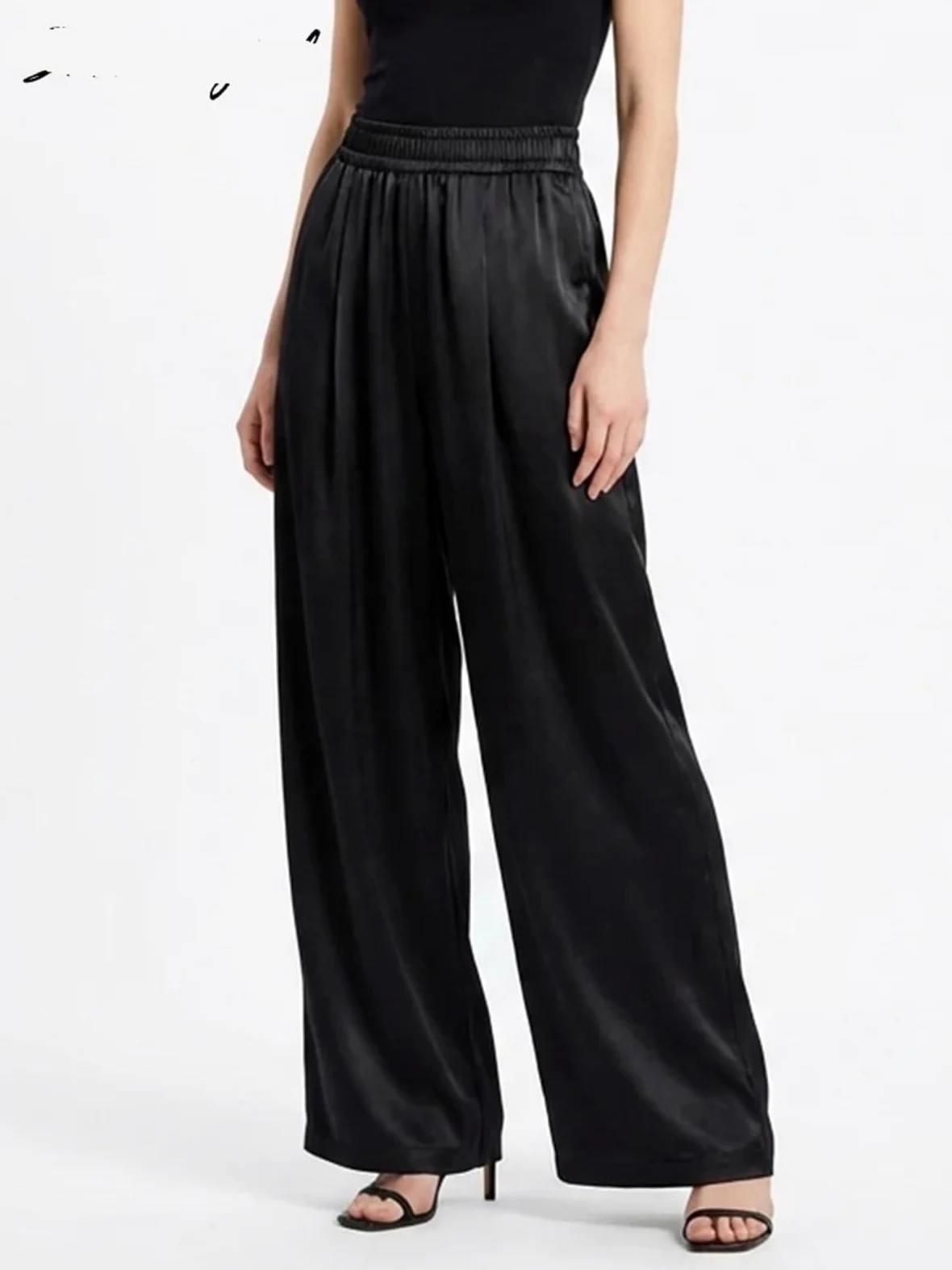 Pantalones Anchos de satén for Mujer, Pantalones con Bolsillos, Holgados Cintura Alta Negros y Marrones for