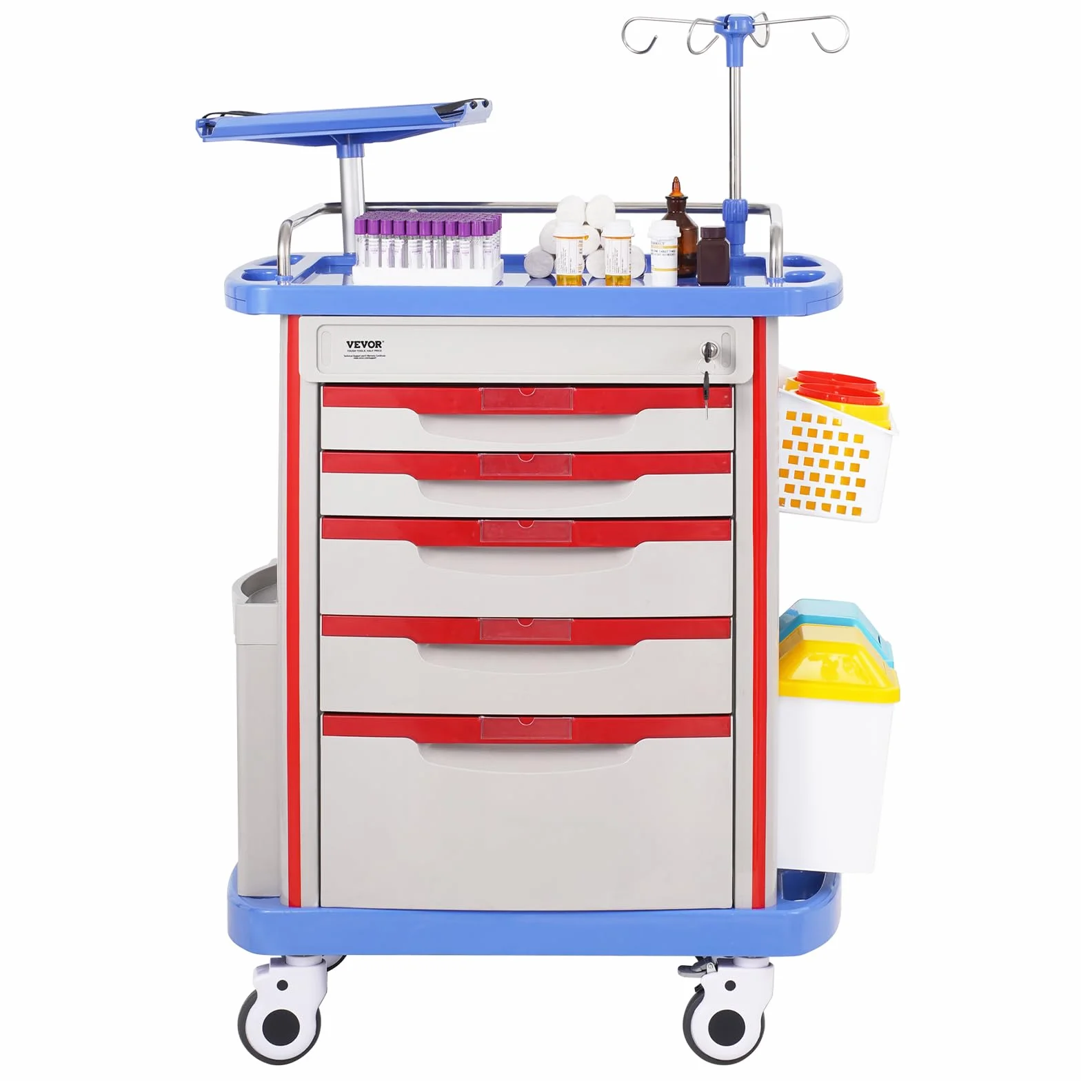 VEVOR Carro de Laboratorio de 5 Niveles Médico con 5 Cajones y 4 Ruedas Silenciosas Móvil PP Azul