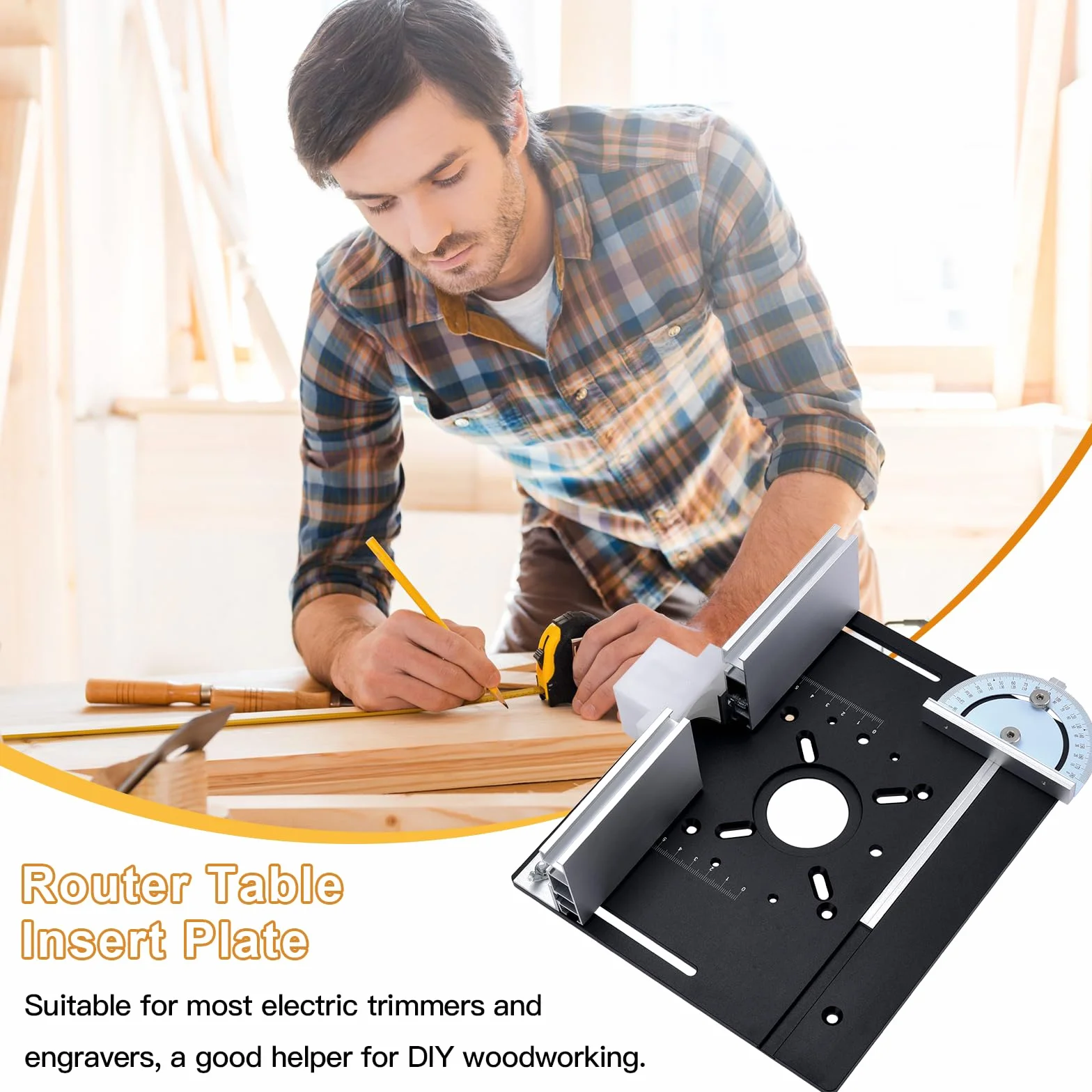 Placa de Inserción de Aluminio para Mesa de Fresadora con Guía Trasera y Regla de Ángulo, Negra