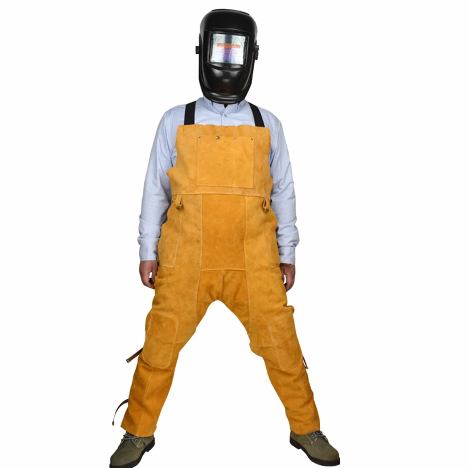 Pantalones de Soldador de Piel de Vaca con Tirantes de Pierna Dividida para Hombre, Resistentes a chispas, Llamas y Calor. Delantal con Pechera.