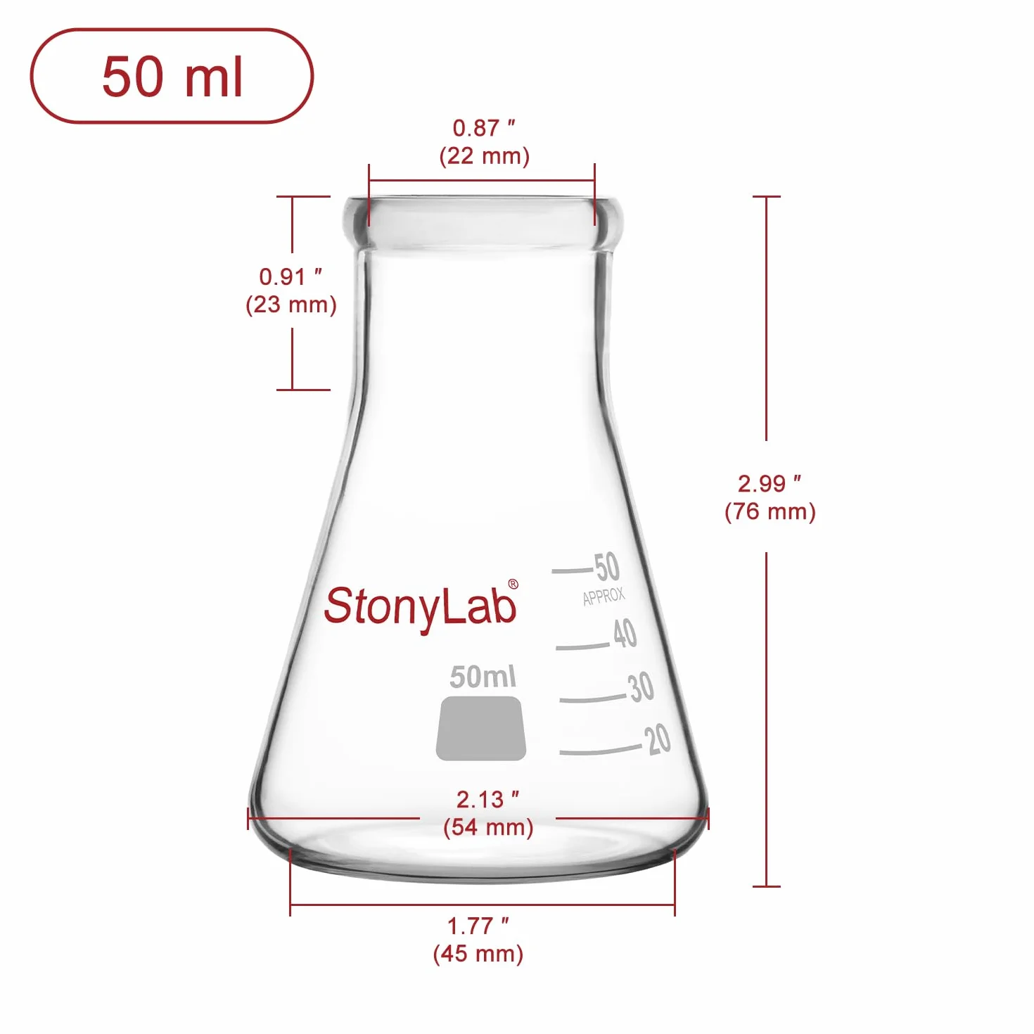 Erlenmeyer Matraces, Paquete de 2 50 ml Boca Estrecha Vidrio de Borosilicato Laboratorio