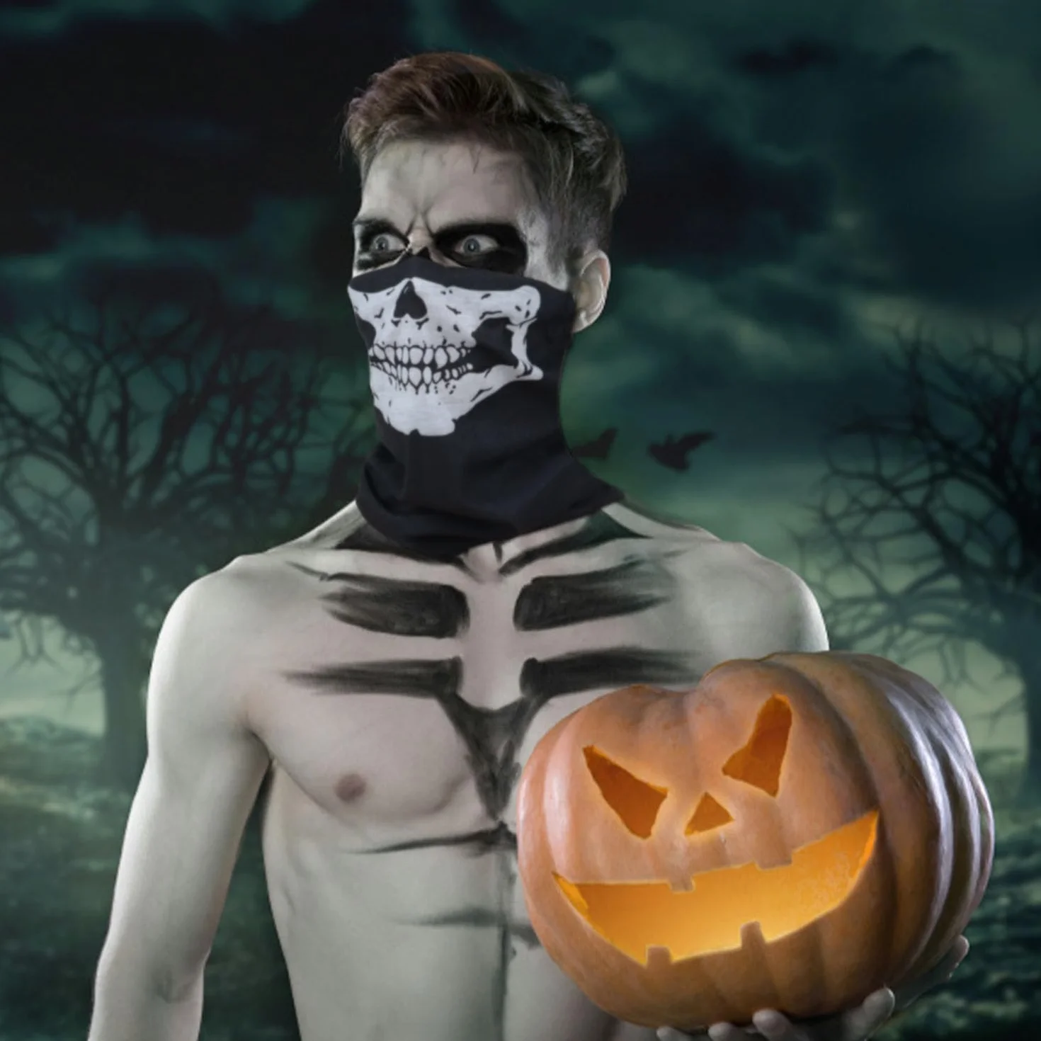 AWUMBUK Pañuelo Multifunción para Moto Hombre, Braga Cuello Halloween Calavera Máscara de Esqueleto Máscara de Tormenta esquí Pañuelo para el Cuello Negro
