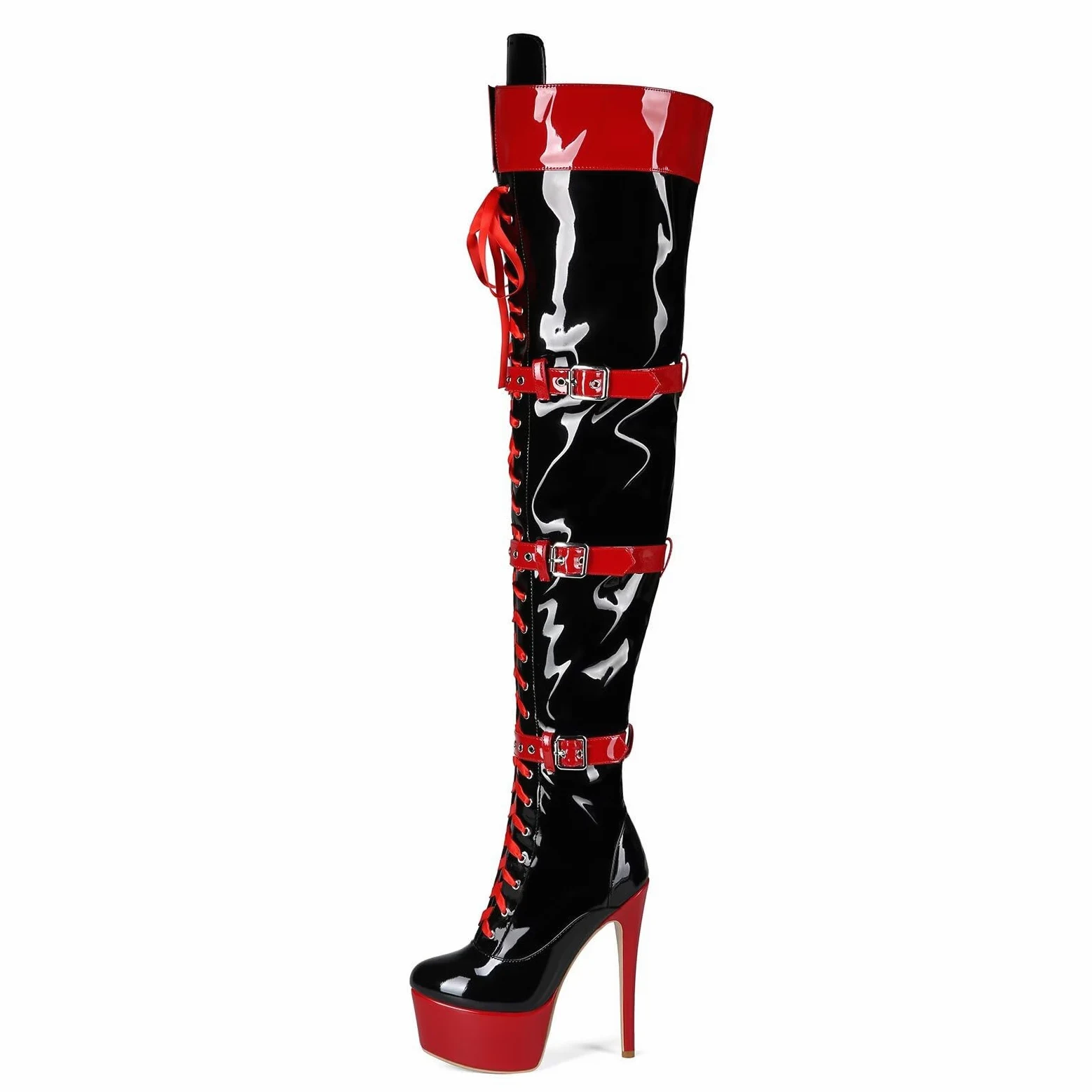 Frankie Hsu Botas largas de tacón alto con plataforma de aguja sexy por encima de la rodilla, cinturón de cinta de charol negro y rojo, ajustable, muslo, talla grande US5-19, zapatos para mujeres y