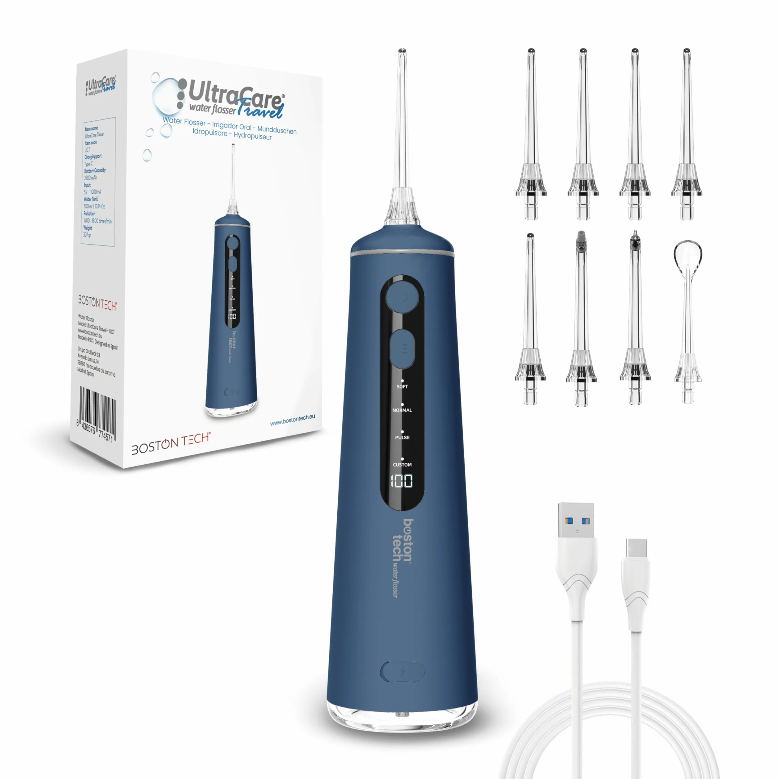 Aquapik Irrigador Bucal Portatil Inalámbrico Profesional 8 Boquillas 4 Modos IPX7 300ML USB-C Recargable