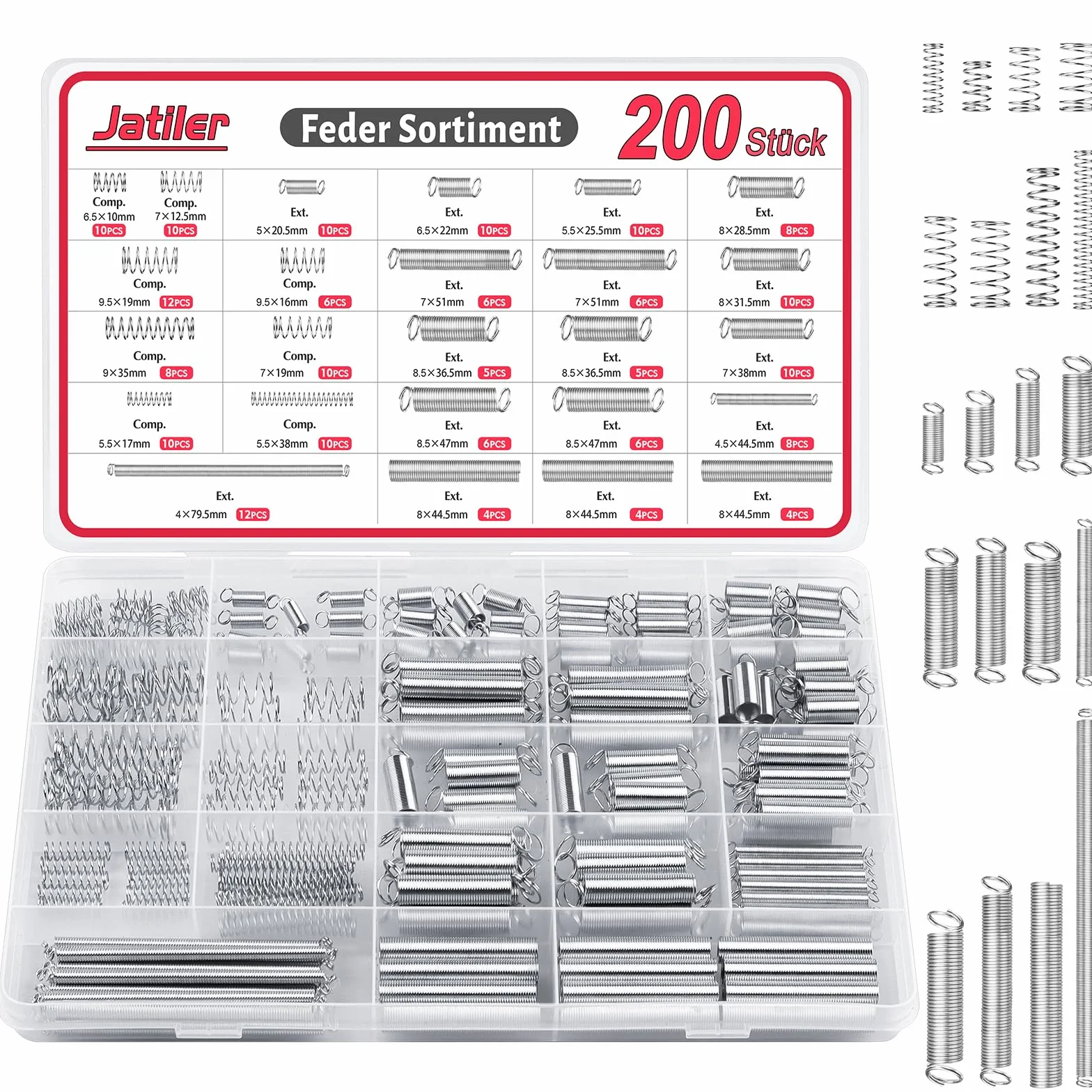 Surtido de 200 muelles de tracción, acero inoxidable, 20 tamaños, kit de resortes con caja