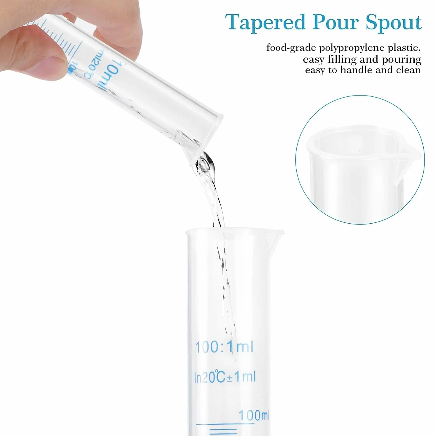 Juego de 4 cilindros medidores de plástico 10/25/50/100 ml para laboratorio y cocina