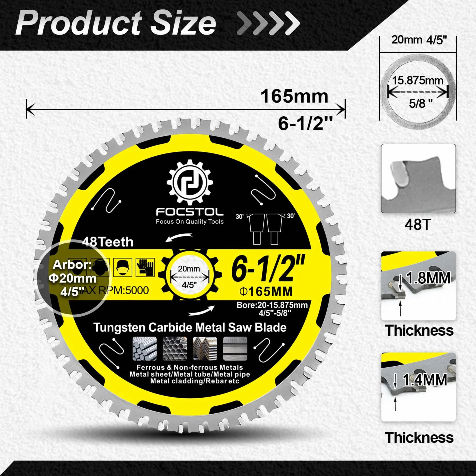 FOCSTOL Hoja de Sierra Circular para Metal 165mm x 20mm x 15,875mm 48 Dientes Disco Corte Acero Inoxidable