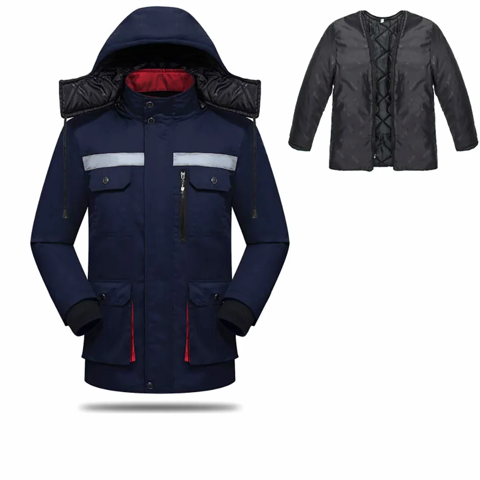 Chaqueta de trabajo de seguridad de algodón, L/170 Chaqueta de trabajo exterior impermeable reflectante de invierno de alta visibilidad para construcción, conducción, obras viales, azul oscuro