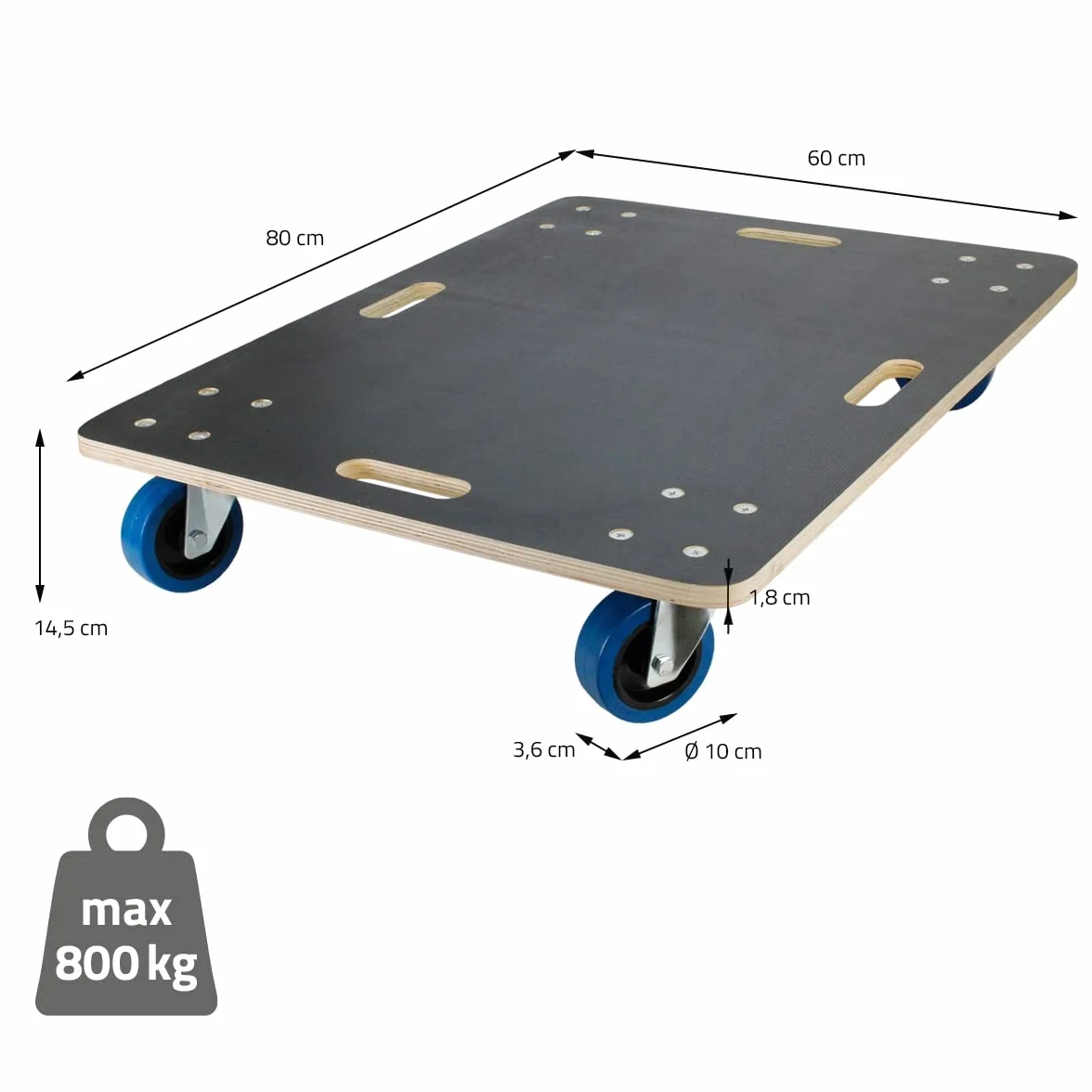 ECD Germany Rodillo Transporte Muebles 60x80cm 800kg Ruedas PP Plataforma