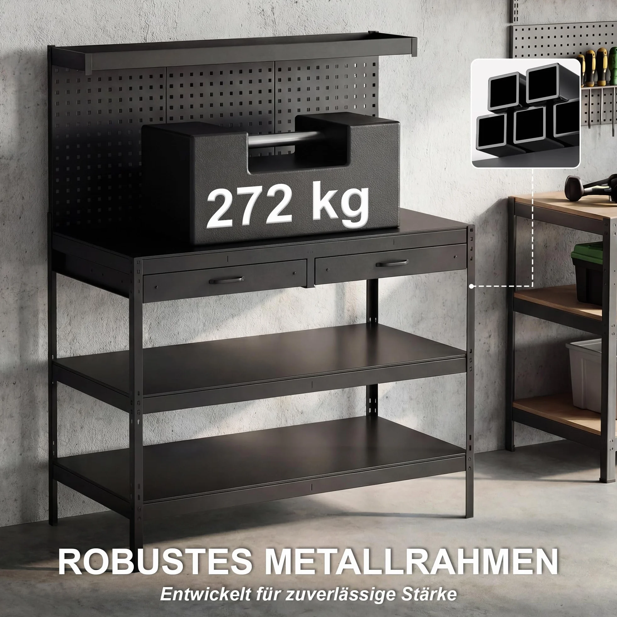 HOMCOM Banco de trabajo 1220 x 610 x 1560 mm con pared perforada, 2 cajones y 2 estantes ajustables, 272 kg capacidad