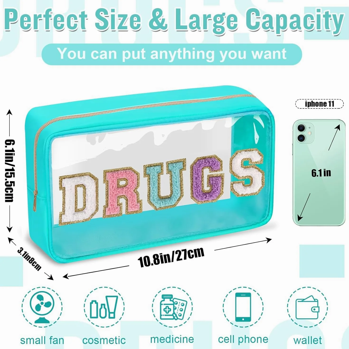Bolsa de Aseo de PVC, Bolsa de cosméticos Transparente con Letras de Chenilla, Bolsa de Maquillaje Transparente, Bolsa Grande con Cremallera for Medicina de Viaje, Nailon Multicolor