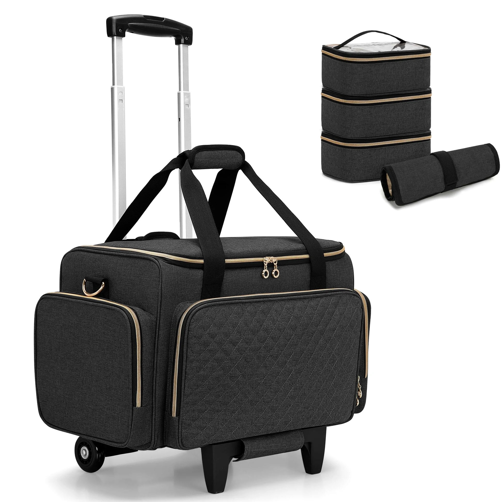 Luxja Estuche de Maquillaje con Ruedas, Bolsa de Cosméticos, Negro | Bolsa de Maquillaje con 3 Bolsas Extraíbles y 1 Bolsa para Brochas de Maquillaje