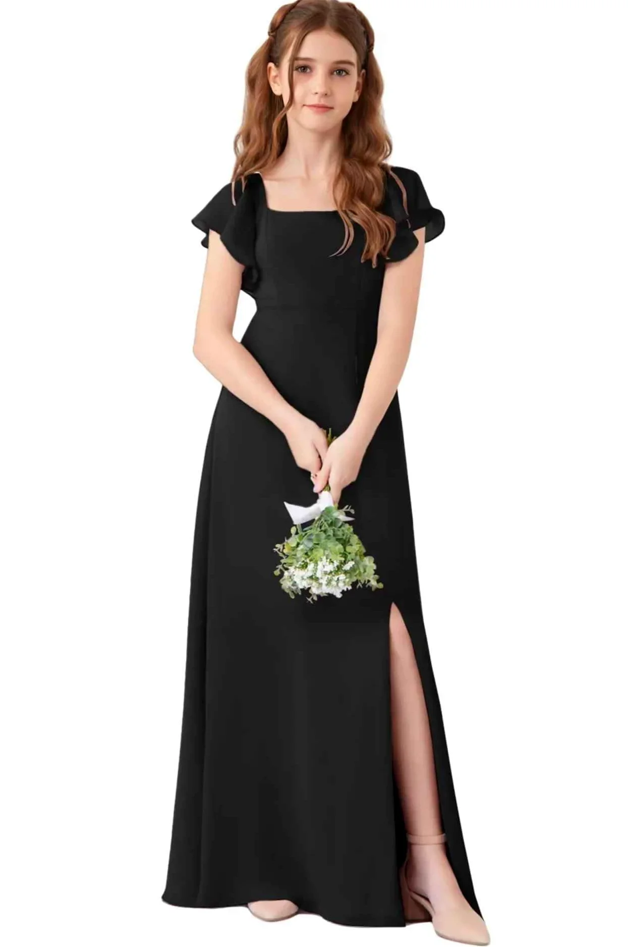 Vestido de dama de honor de manga corta para niñas, vestido de fiesta formal, vestido largo con abertura baja, Negro, 12