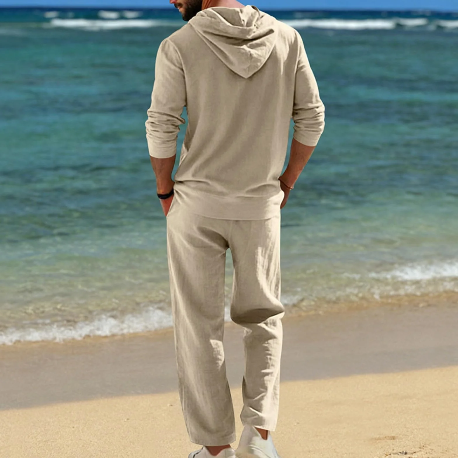 Generisch Ropa de lino para hombre, traje deportivo ligero de manga larga, sudadera de 2 piezas con capucha y pantalones de playa, traje de ocio, traje de jogging informal, chándal informal para