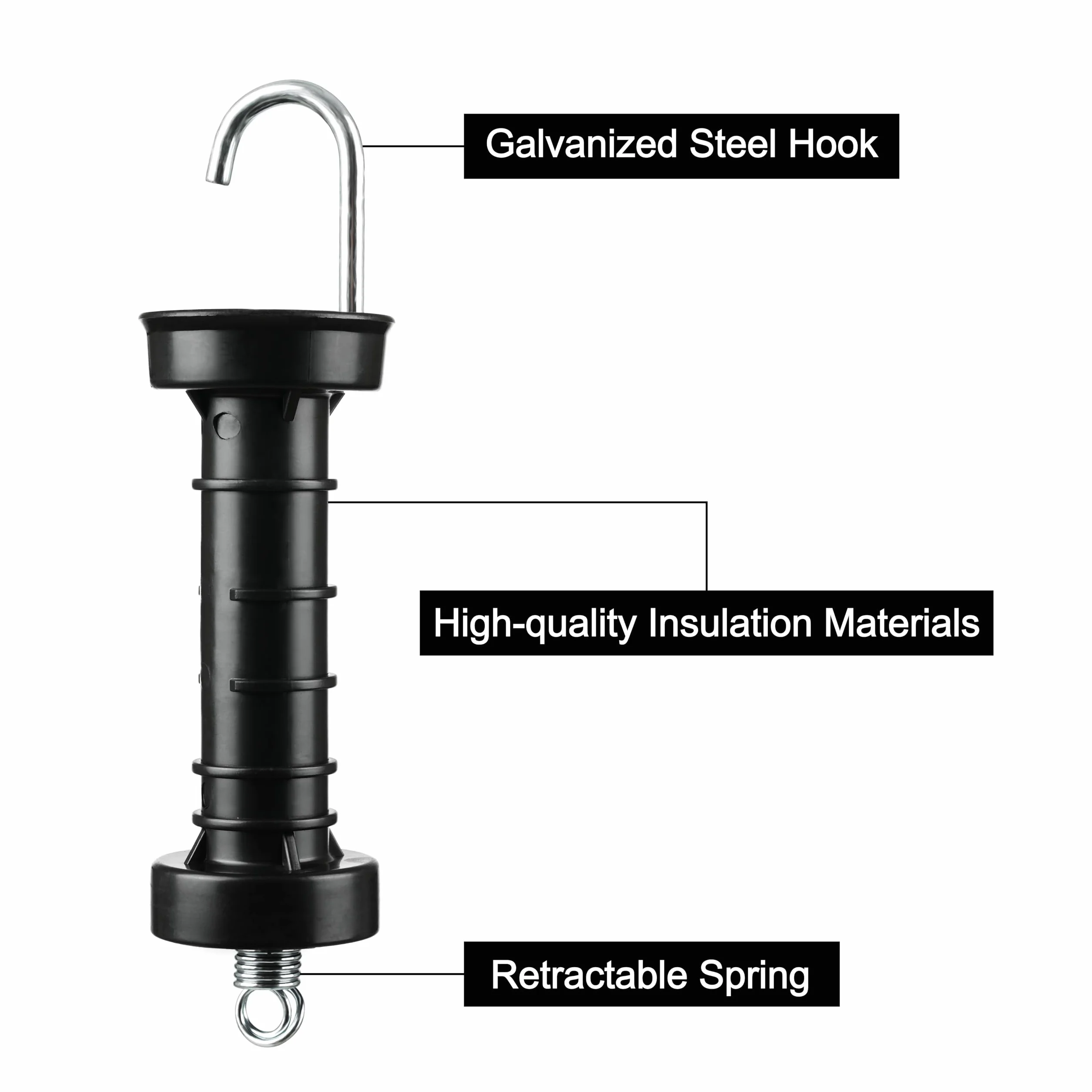 Manijas para Puerta de Valla Eléctrica Negras, Manija Aislada de Plástico Heavy Duty con Gancho Recto Galvanizado