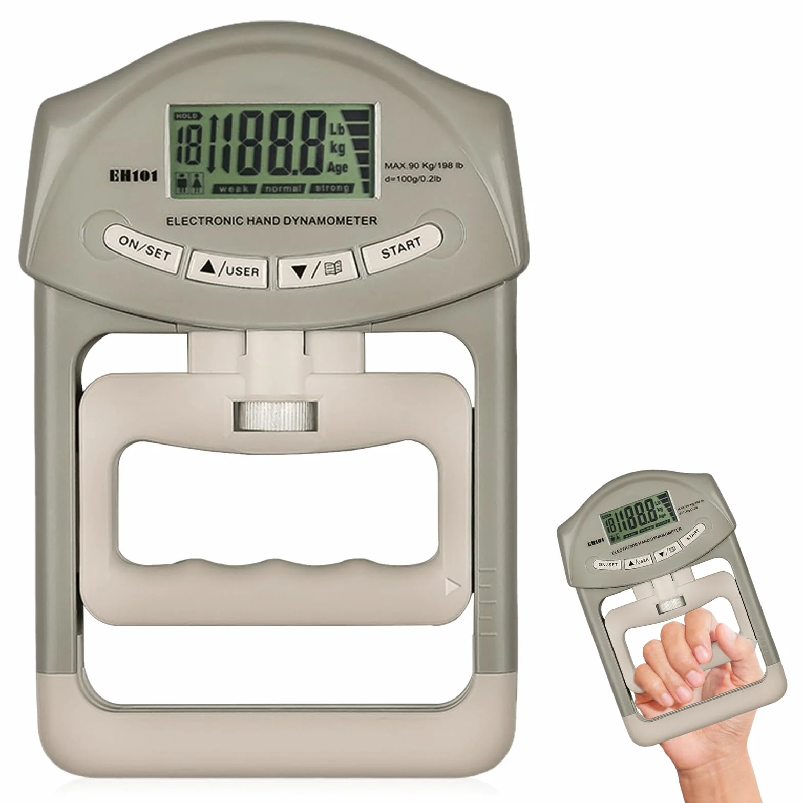 Dinamómetro Digital de Mano 180 kg con Cable USB, Medidor de Fuerza de Agarre con Pantalla LED Gris