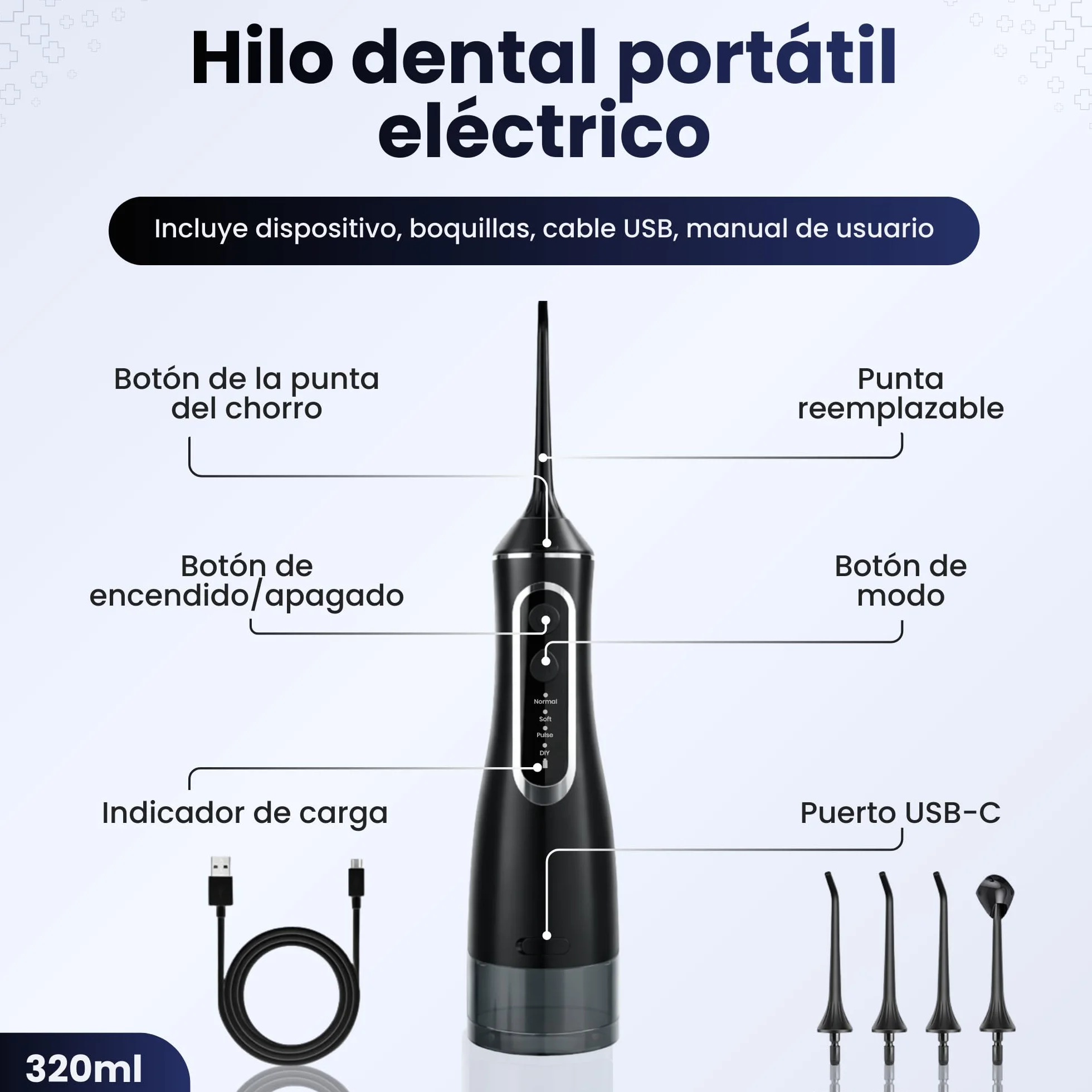 BeFit Water Flosser Portatil 320ml IPX8 4 Modos 120PSI 1400-1800/min Batería Recargable USB 1200 mAh
