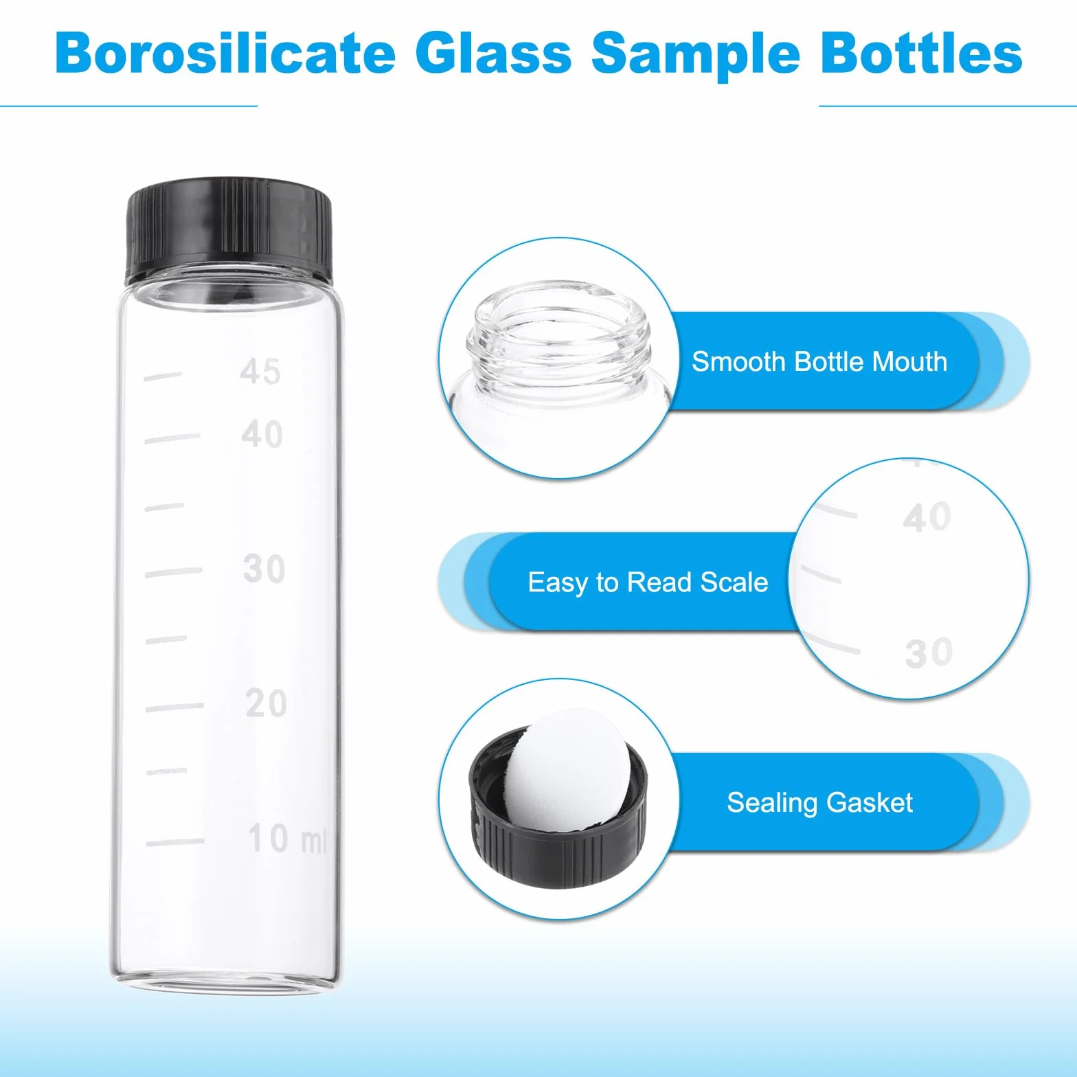 PATIKIL 10 Piezas 50 ml Viales de Vidrio Transparente con Tapa de Rosca Negra, Botellas de Muestra Graduadas de Vidrio Borosilicato