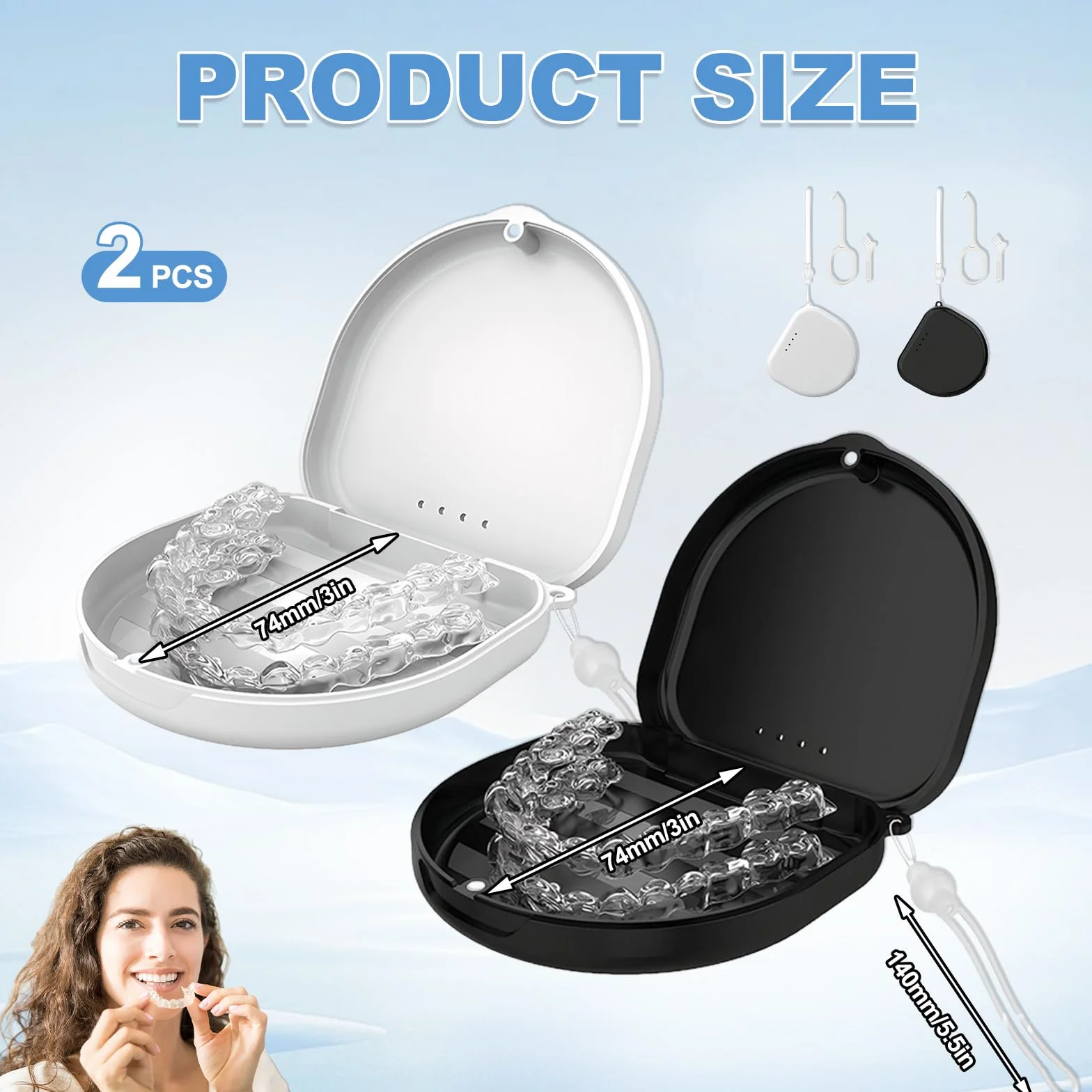 Funda Ferula Dental 2 PCS Caja Dentadura Postiza con Correa de Silicona y Herramientas de Extracción Negro Blanco