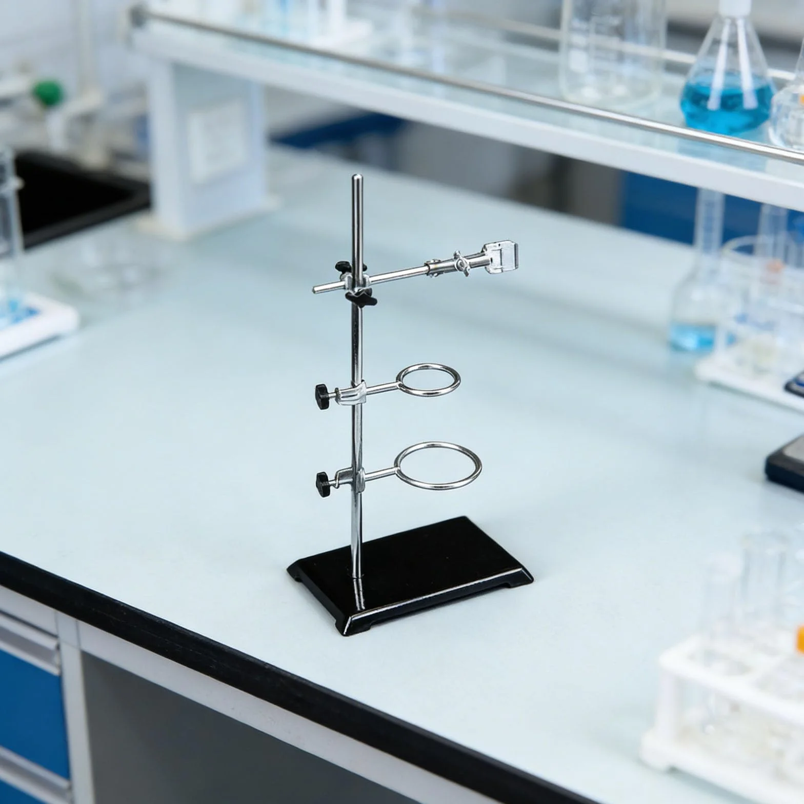 Soporte de laboratorio 35 cm para experimentos de química con superficie inoxidable y abrazaderas de apriete