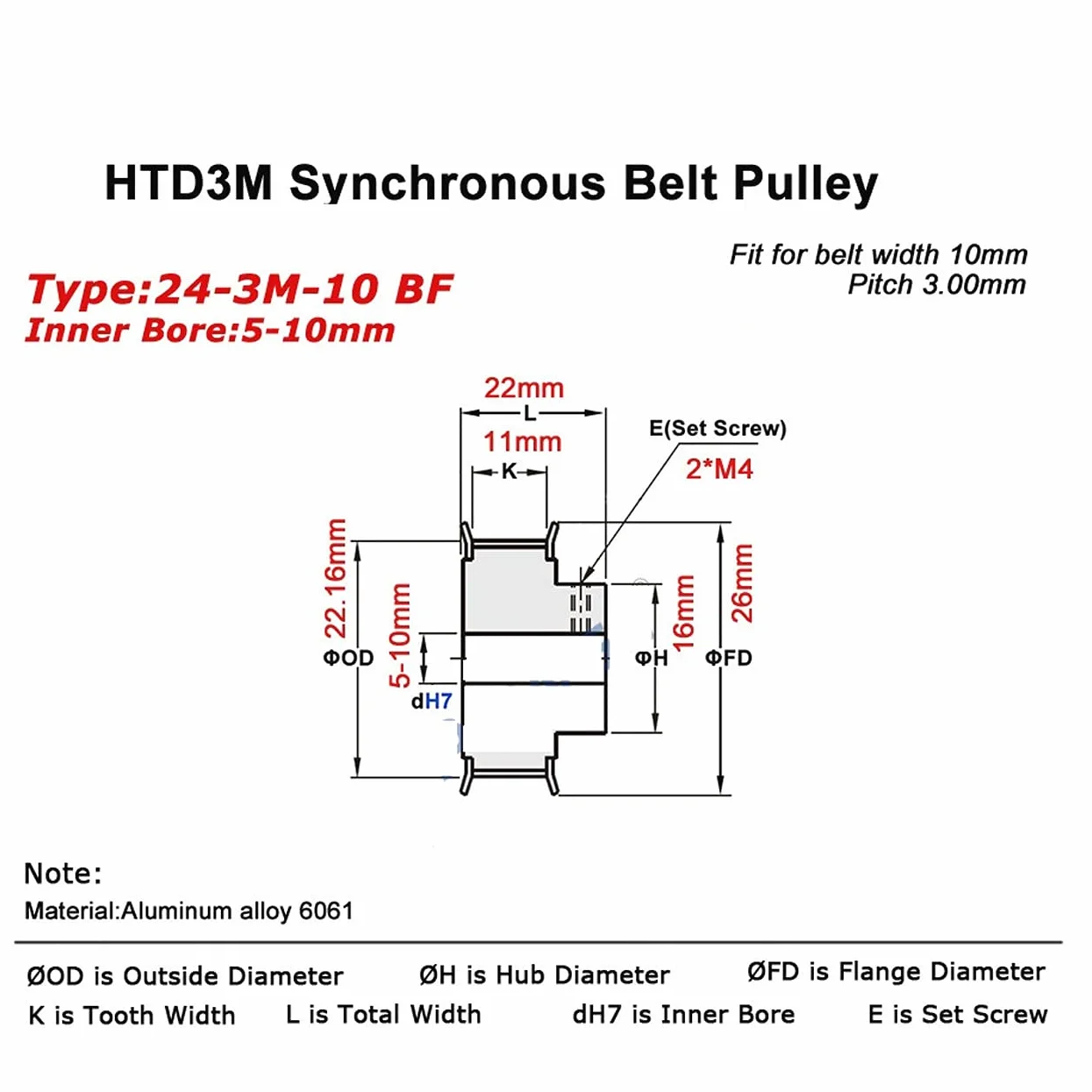 Polea de distribución HTD 3M 24 dientes síncrona CNC 24T, orificio 8mm, para correa 9-15mm