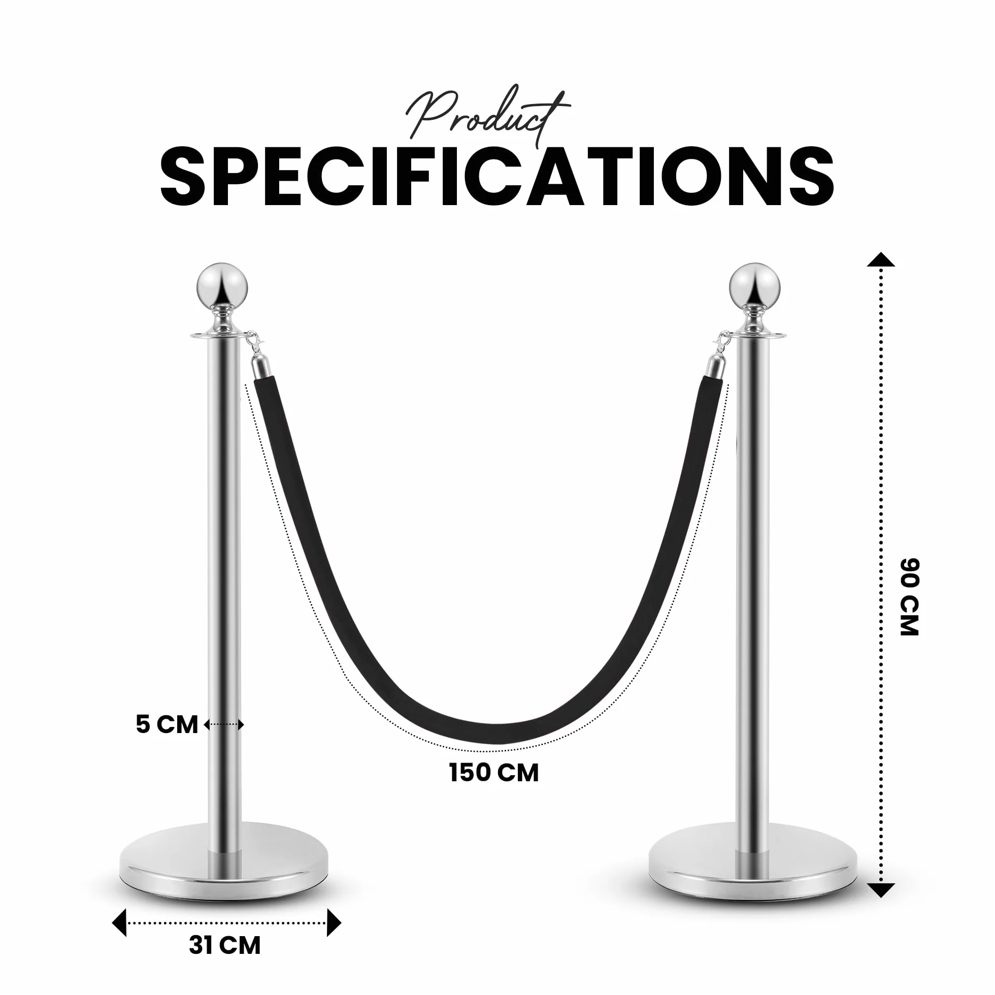 Postes Separadores de Acero Inoxidable 90 cm 2 Piezas con Cuerda de Terciopelo Negro 1,5 m Control de Multitudes