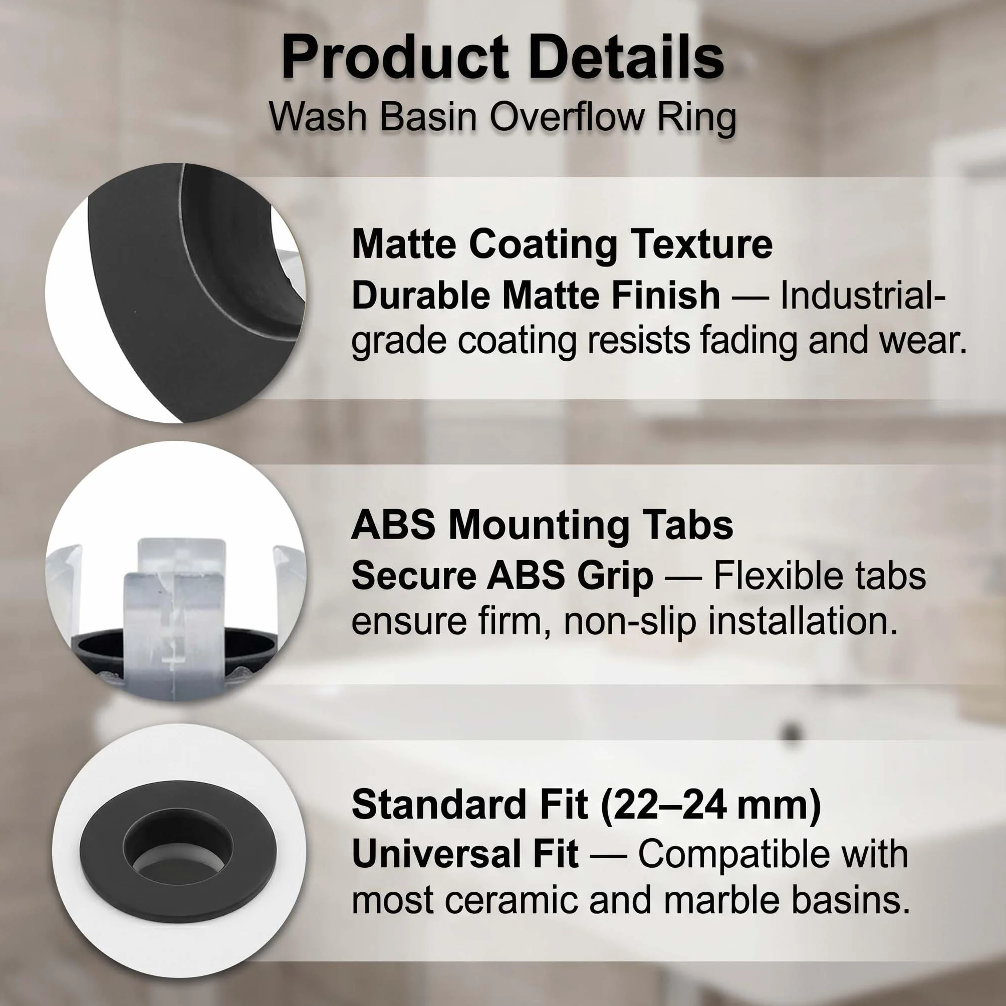 Anillo Rebosadero Lavabo Cobre Puro Negro Mate, Tapa Rebosadero Universal para Orificios 22-24mm, Lavamanos Baño y Fregadero Cocina