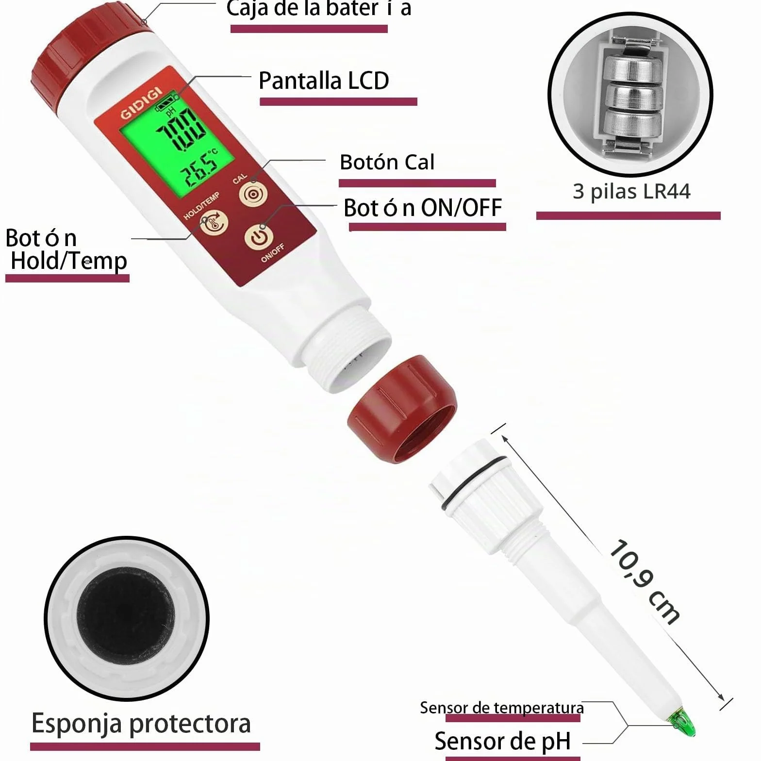 Medidor pH Alimentos Profesional con Sonda de Punta para Analizar pH y Temperatura en Líquidos y Semisólidos