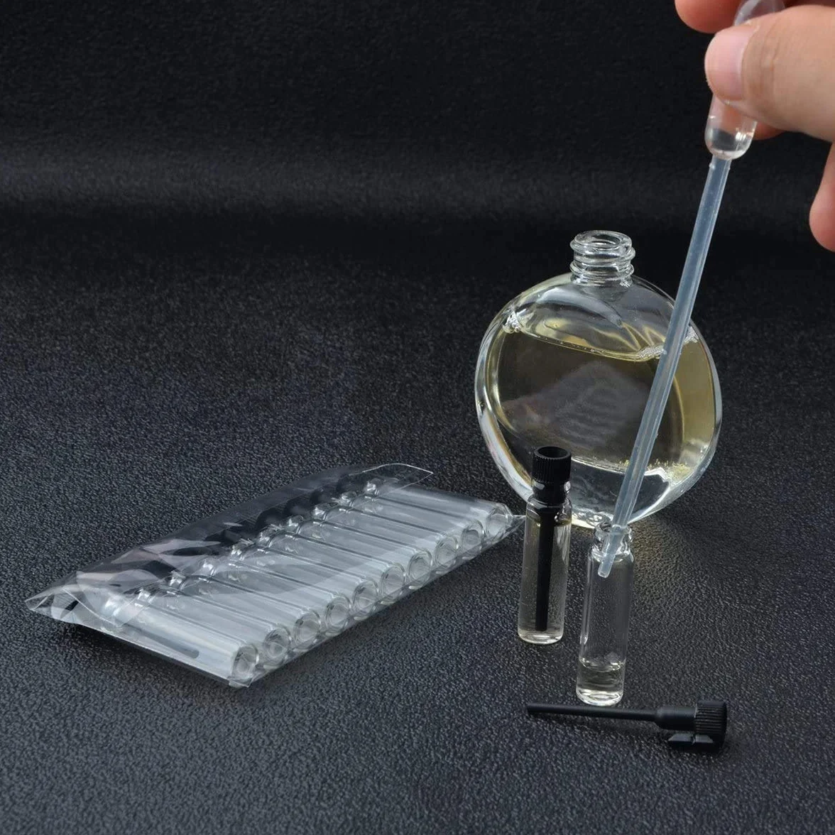 Muestras de perfume mini botellas de vidrio vacías con tapa negra (1 ml) para viajes y fiestas