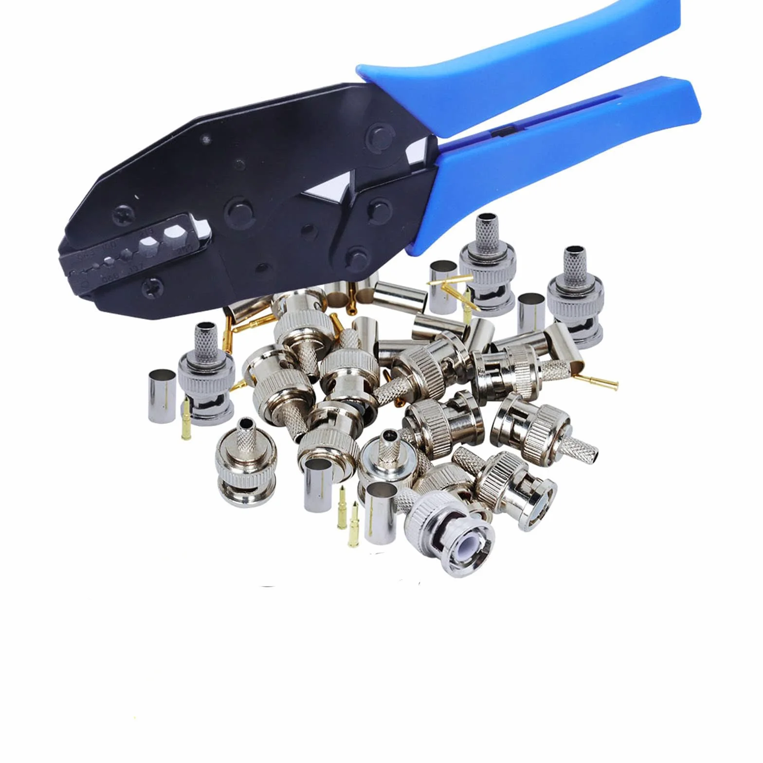 Kit de herramientas de crimpado BNC, 20 conectores, herramienta de crimpado de acero al carbono con bloqueo integral, incluye cortador
