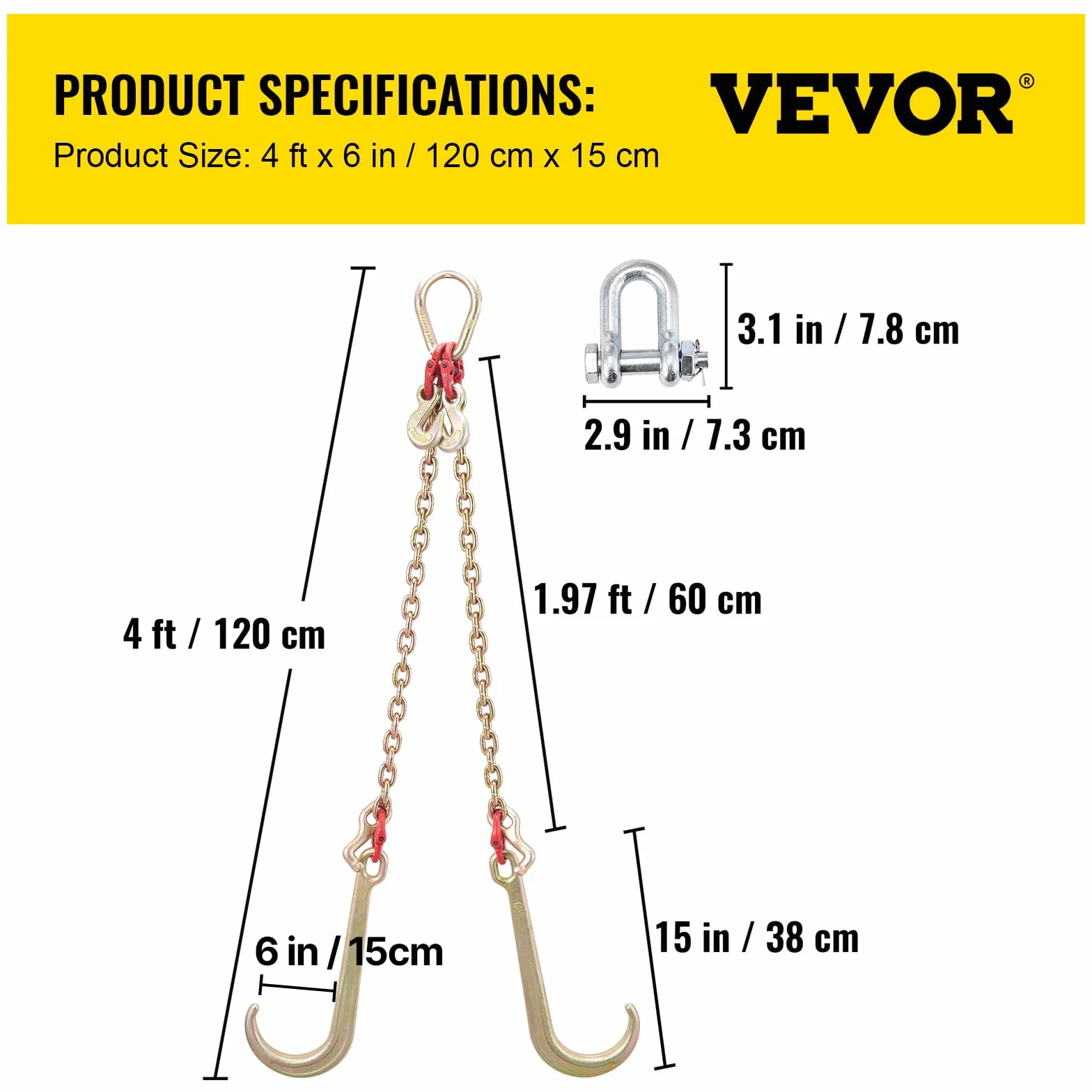 VEVOR Cadena de brida en V Grado 80 Transporte 4,2 T con Ganchos T 10x6cm J 38x15cm