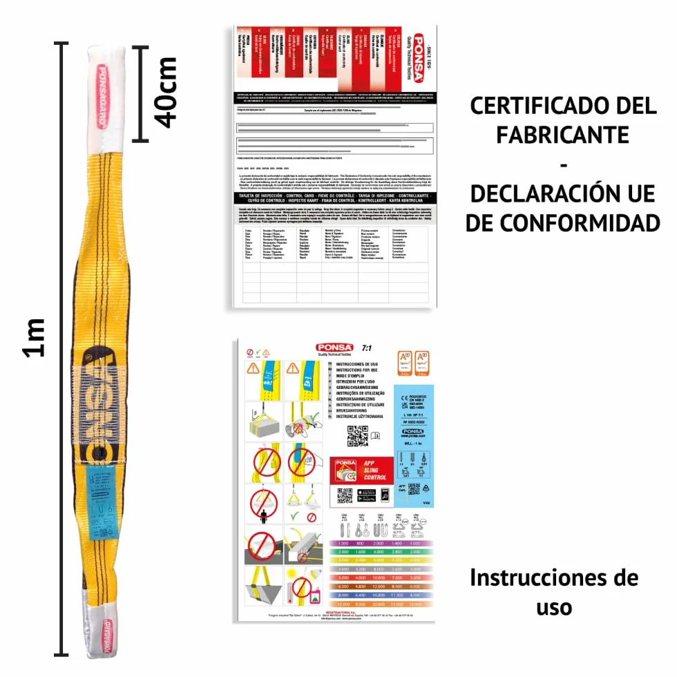 Eslinga Plana Doble Capa 2 Gazas 3 Toneladas 3000 kg 1 Metro PONSAGARD Anti Cortes