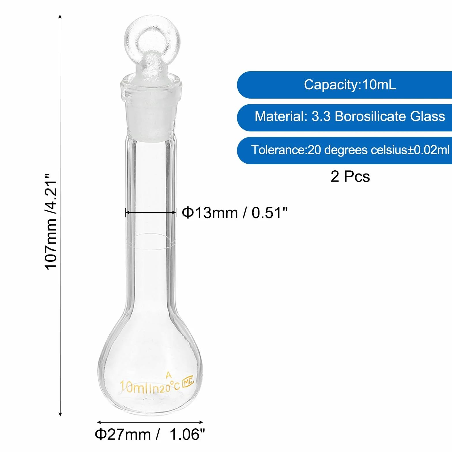 Matraz Volumétrico de 10 ml, 2 Unidades, Vidrio Borosilicato 3.3 con Tapón de Vidrio