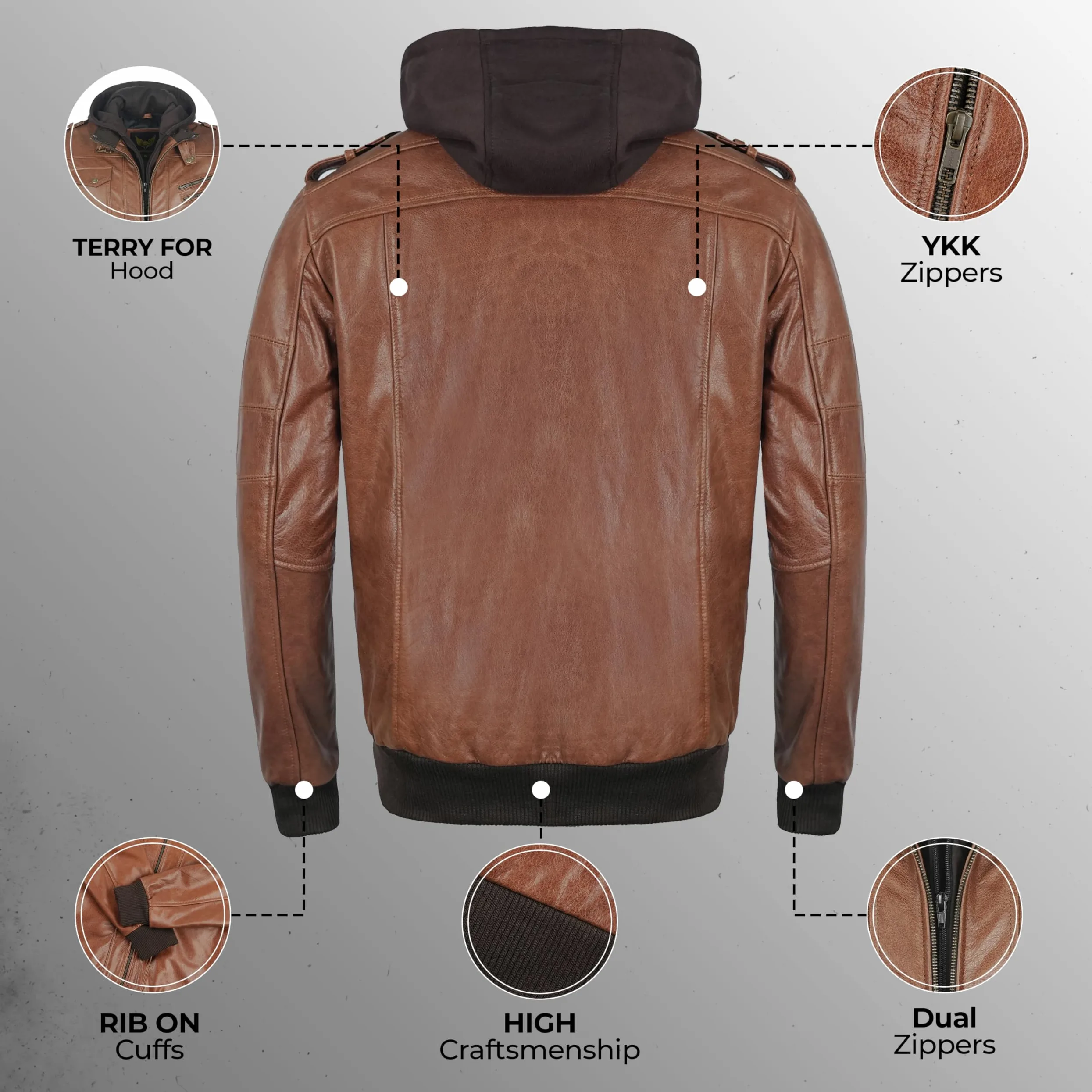 Leatherick Chaqueta de cuero Buffalo: capucha de forro polar extraíble, 7 bolsillos funcionales y cierre frontal con cremallera.