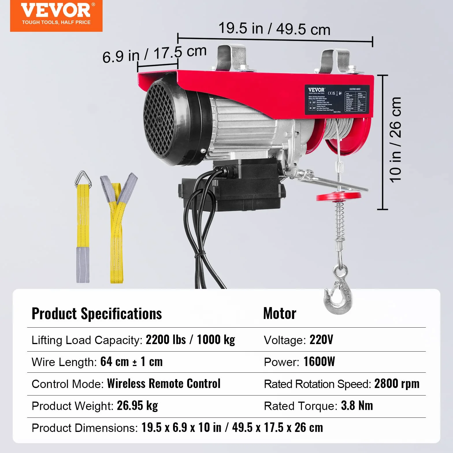 VEVOR Polipasto Eléctrico 1000 kg 1600W Mando a Distancia Inalámbrico 10m/min Altura Elevación 12m