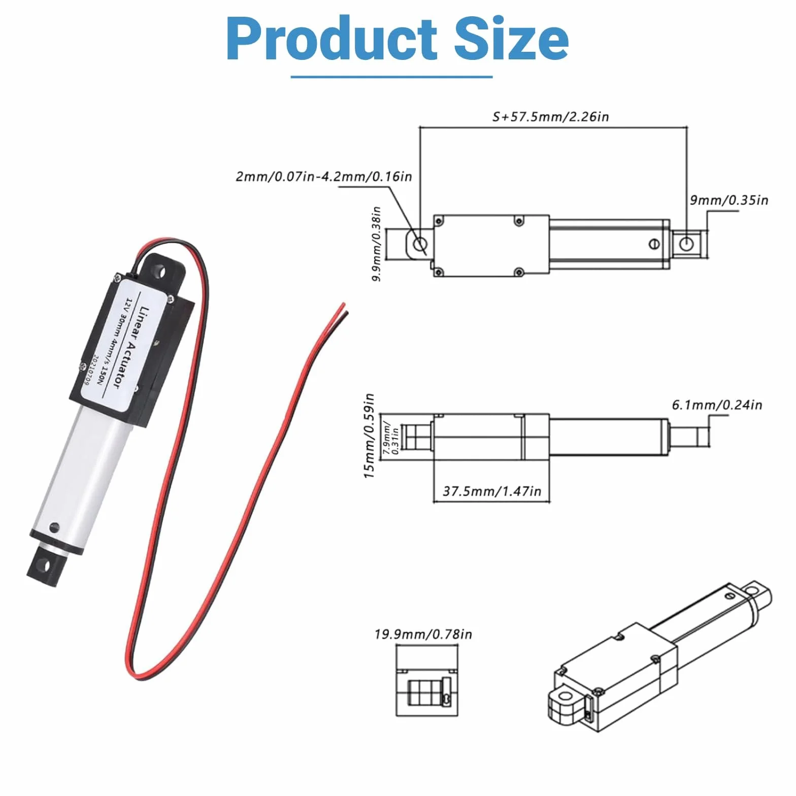 Actuador Lineal Eléctrico DC 12V 30mm 150N 4mm/s Impermeable