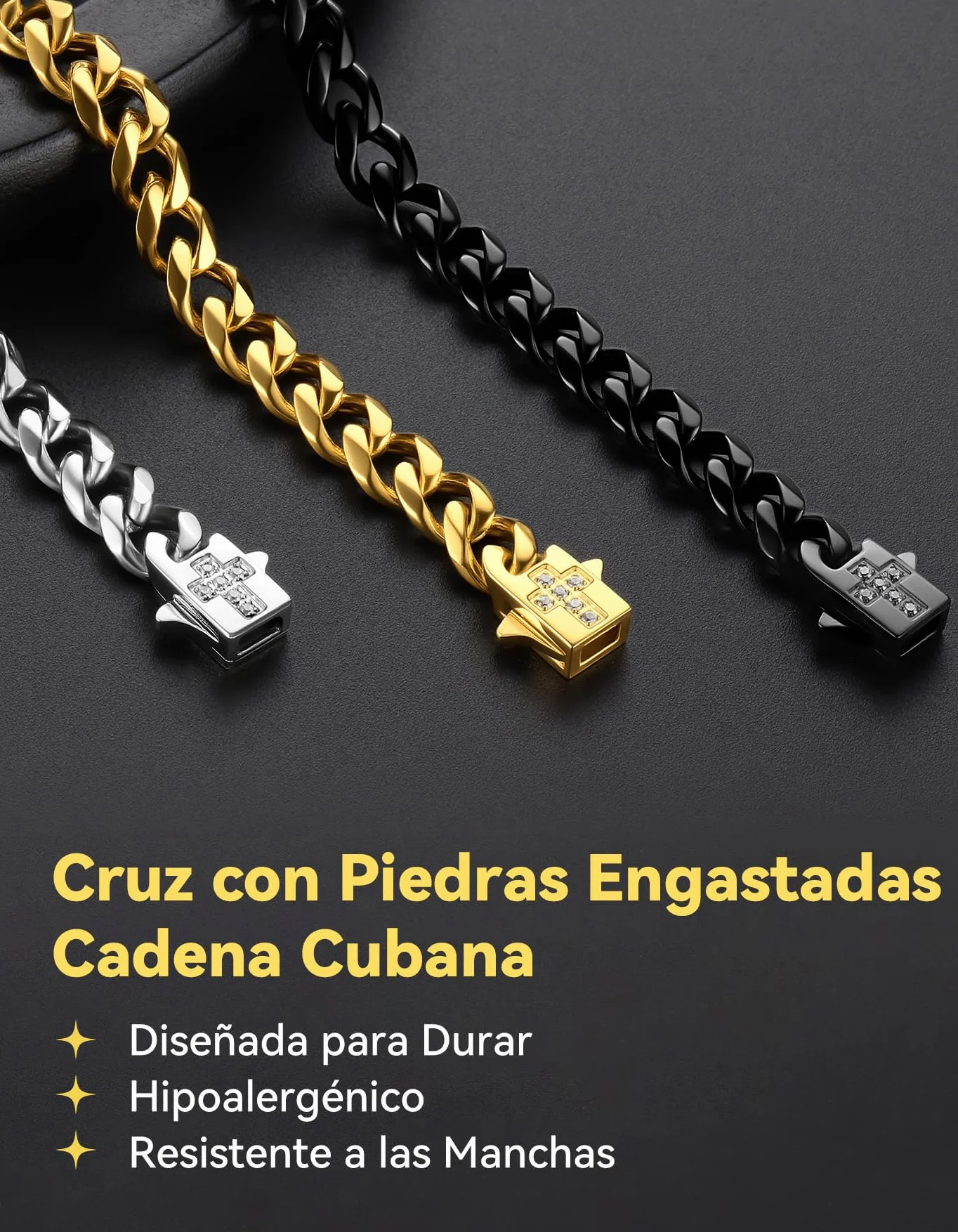 ChainsHouse Collar Colgante Cruz Hombre Cadenas Cubanas Acero Inoxidable Cierre Clip con Crucifijo Impermeable, 46cm -61cm Largo 6mm Ancho, Joyero Incluido