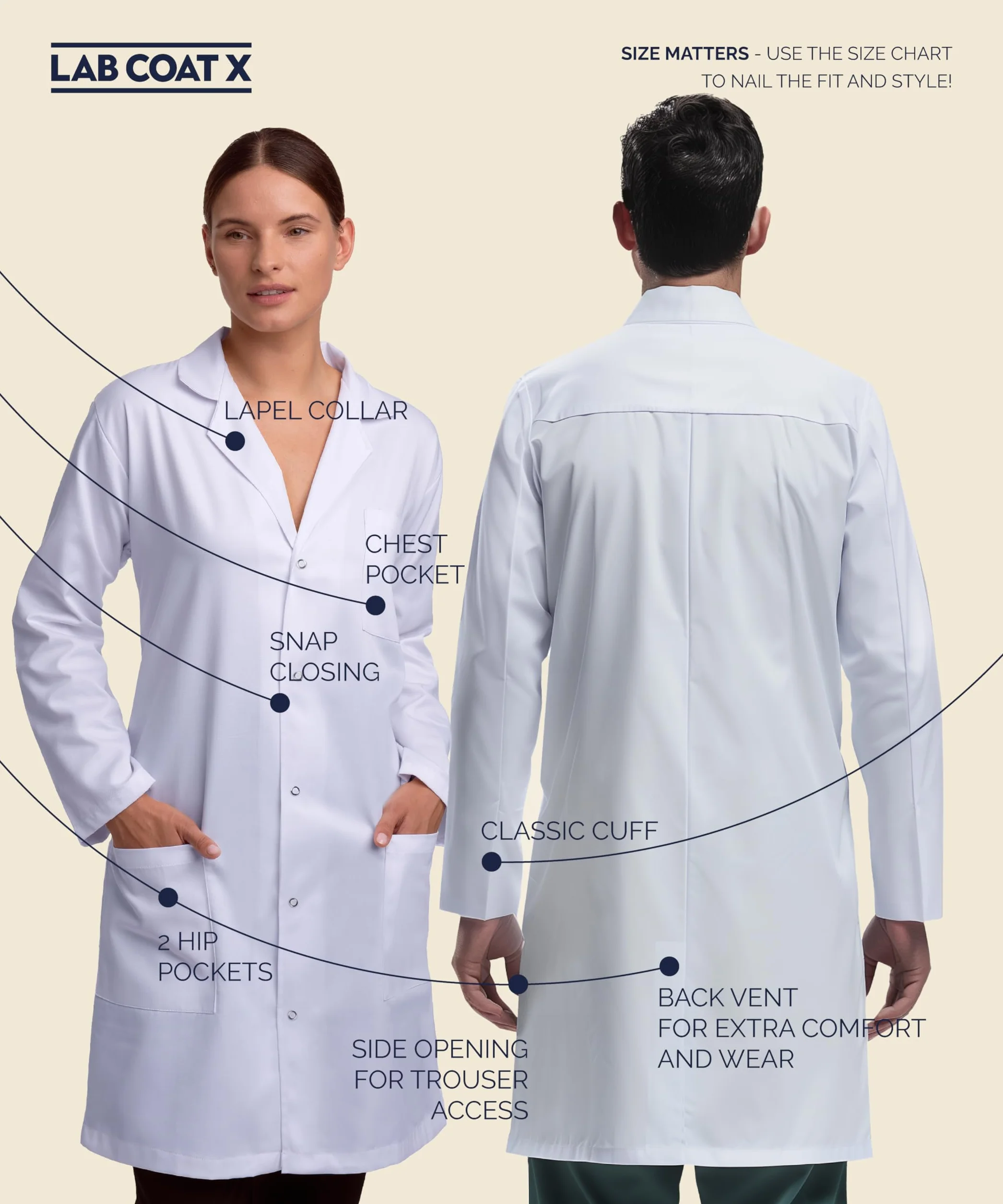 Lab Coat Abrigo médico para hombres y mujeres, 101 cm de largo, ajuste cómodo, abrigo médico con 3 bolsillos para enfermeras, científicos, técnicos