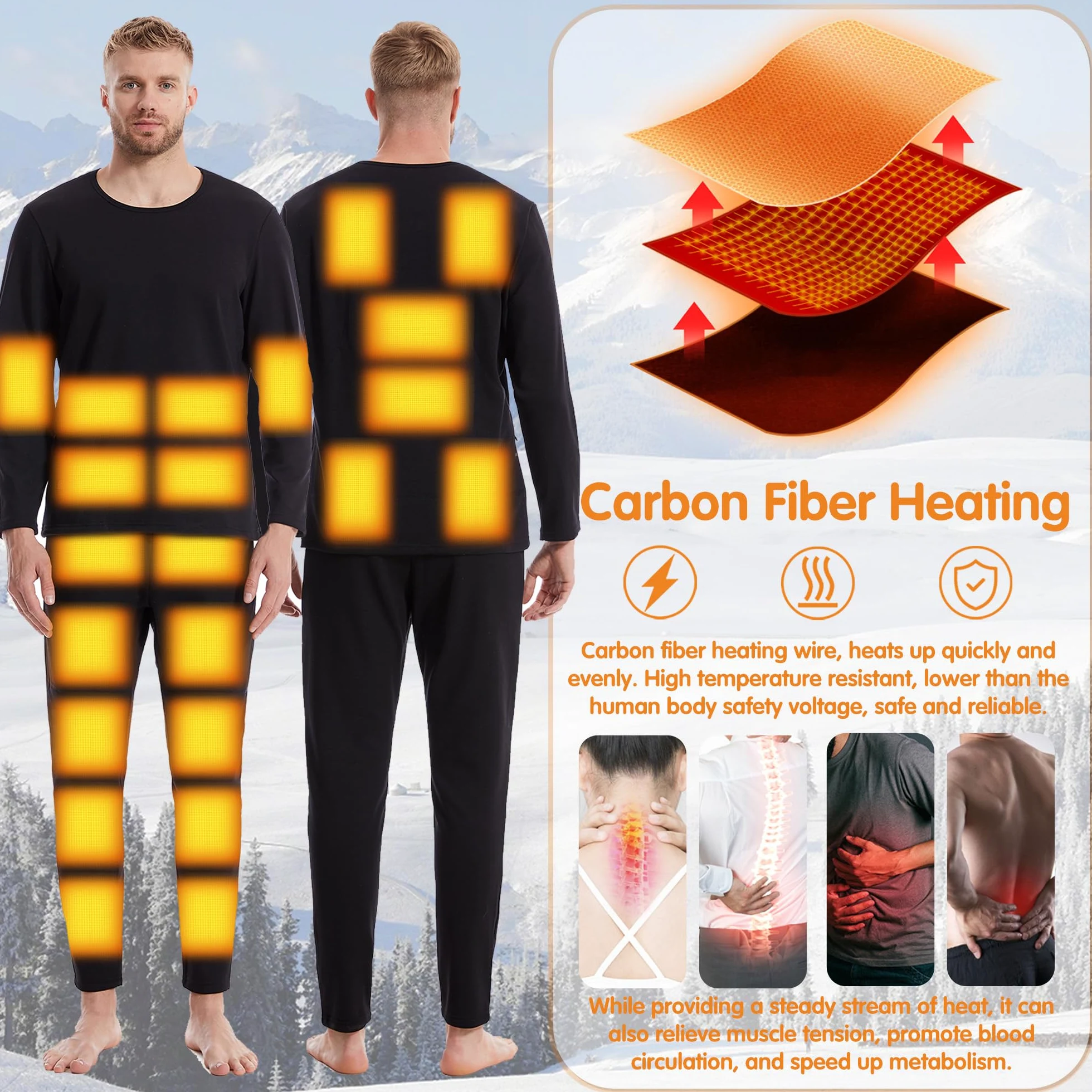 Ropa Interior de calefacción para Hombres, Recargable calentado Largo John Conjunto Forrado Polar Caza térmica Camiseta y pantalón