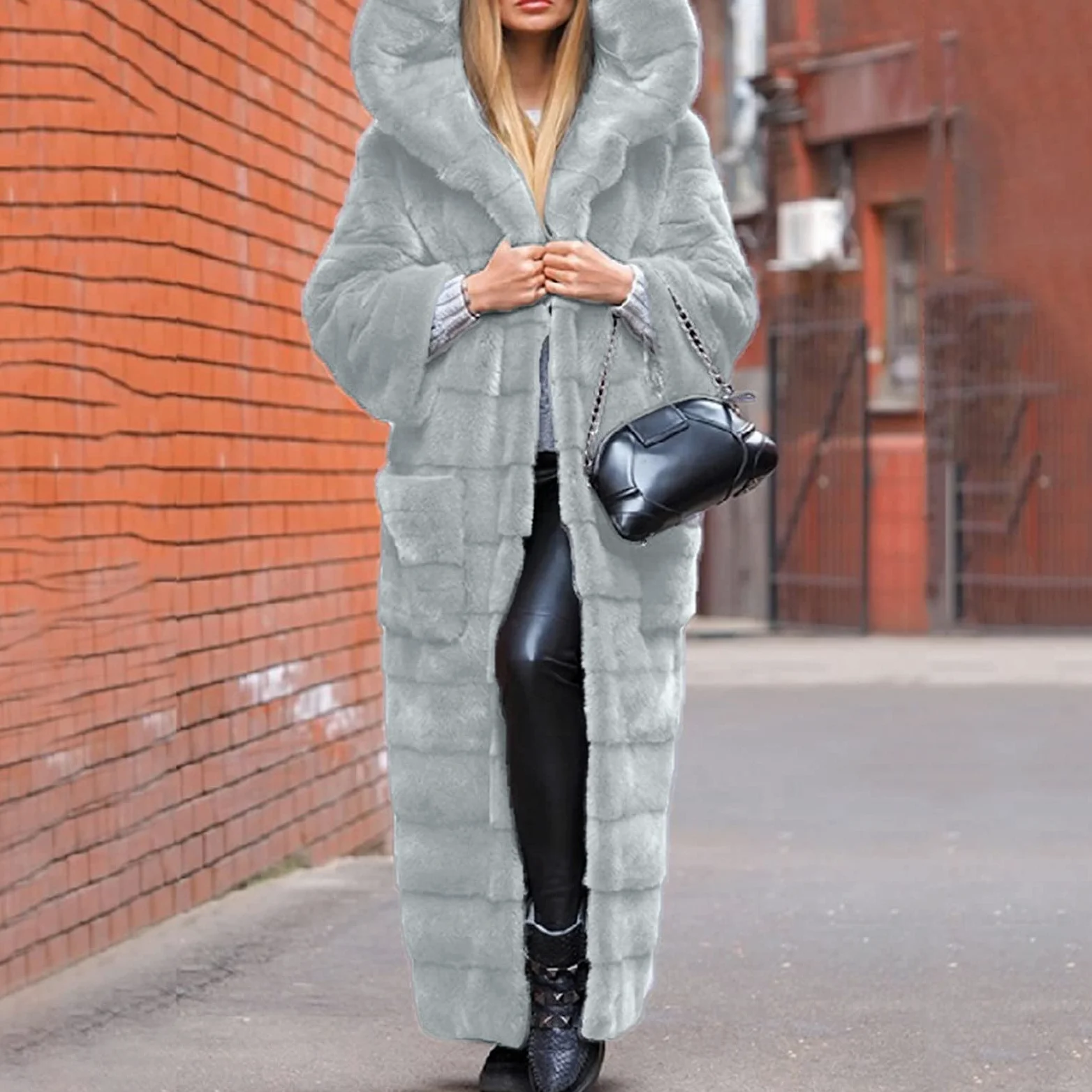 Chaqueta de piel sintética de manga larga con capucha y capucha para mujer, informal, talla grande