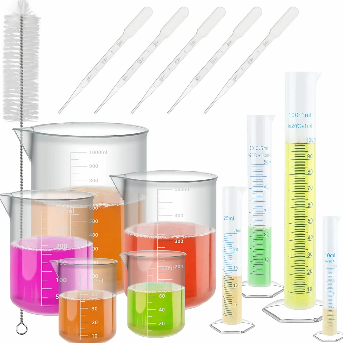 Juego cilindros graduados de plástico medición vasos tubos ensayo jarras frascos laboratorio ciencia pipetas cepillos transferencia líquidos 15pcs