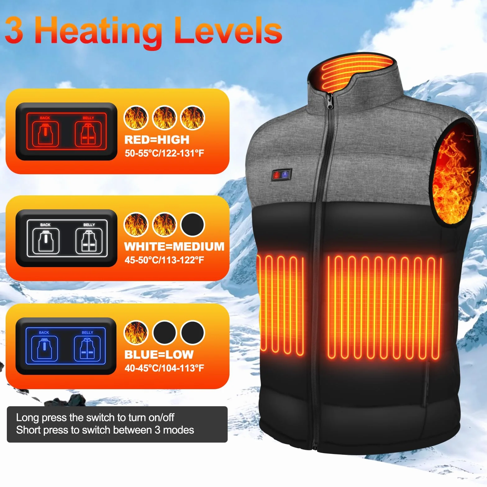Tonfarb Chaleco Calefactable Hombre, Chaleco Termico Hombre con 4 Zonas Calefactables y 3 Niveles de Temperatura, Electrico USB Chaqueta Calefactable para Exterior, Pesca, Esquí (Batería No Incluida)