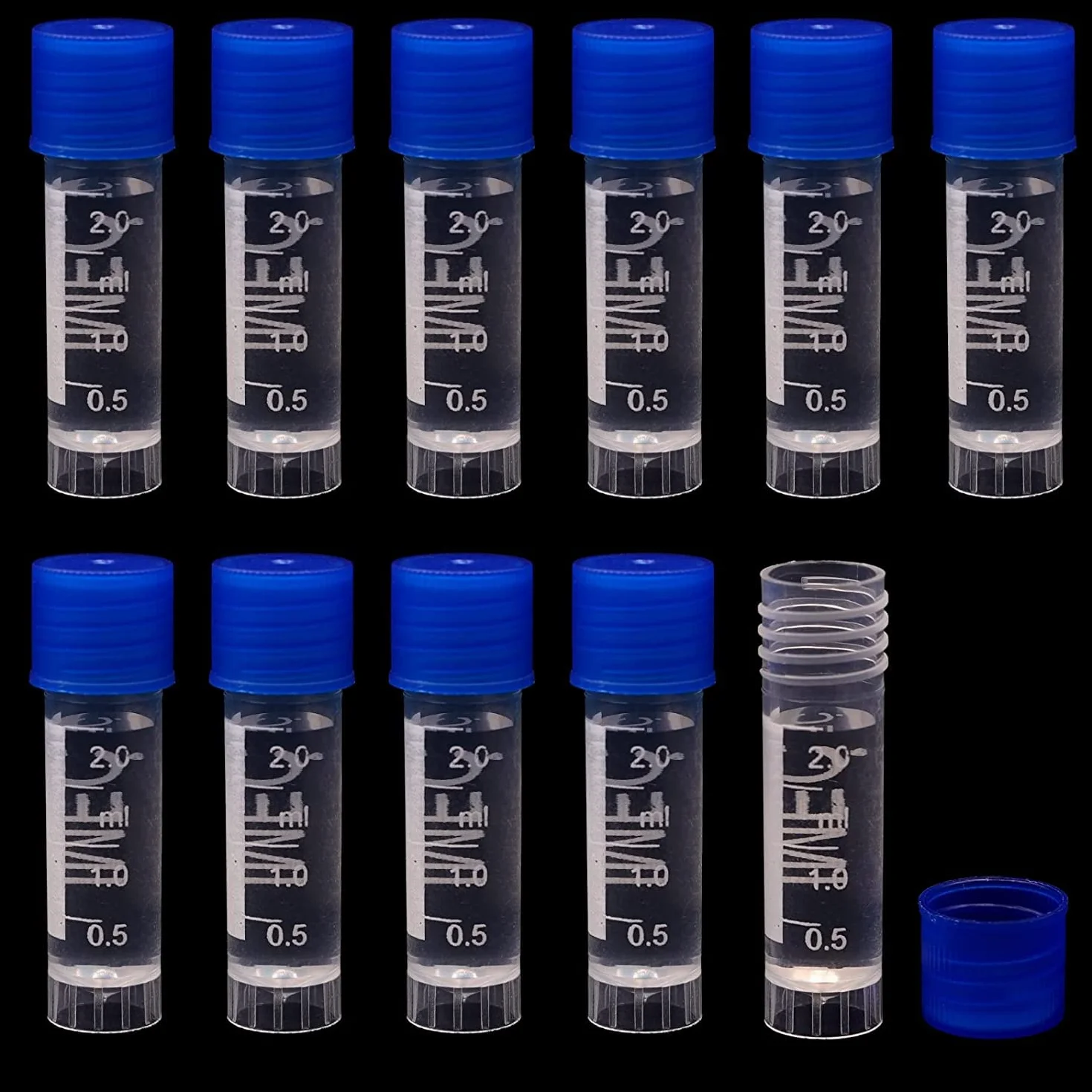 HUAZIZ 100 Piezas 2 Ml Tubos de Ensayo Plástico, Tubo Criogénico, Vial con Tapa de Tornillo Azul para Laboratorio